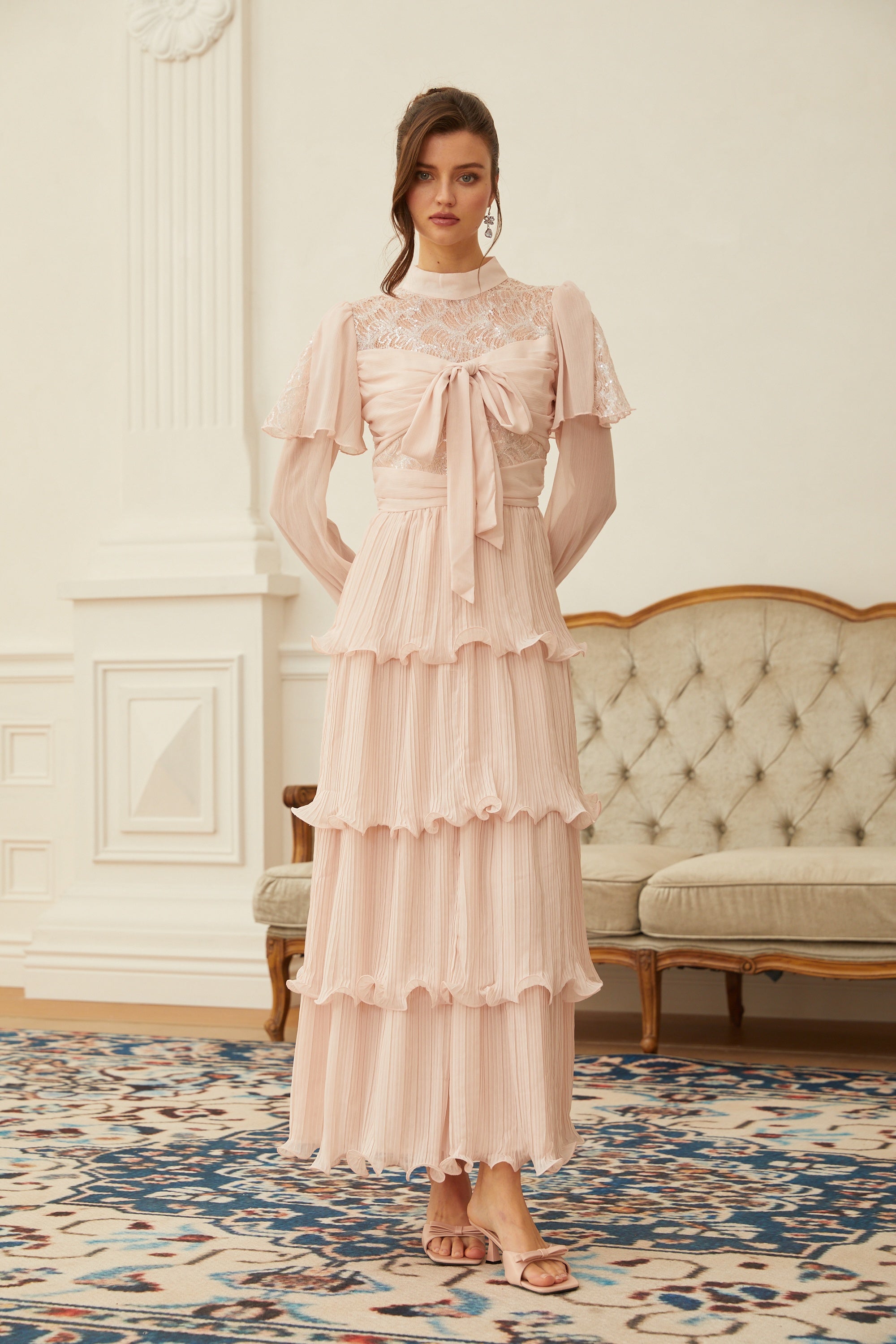 Adelaide Pink Lace Panel Tiered Maxi Dress