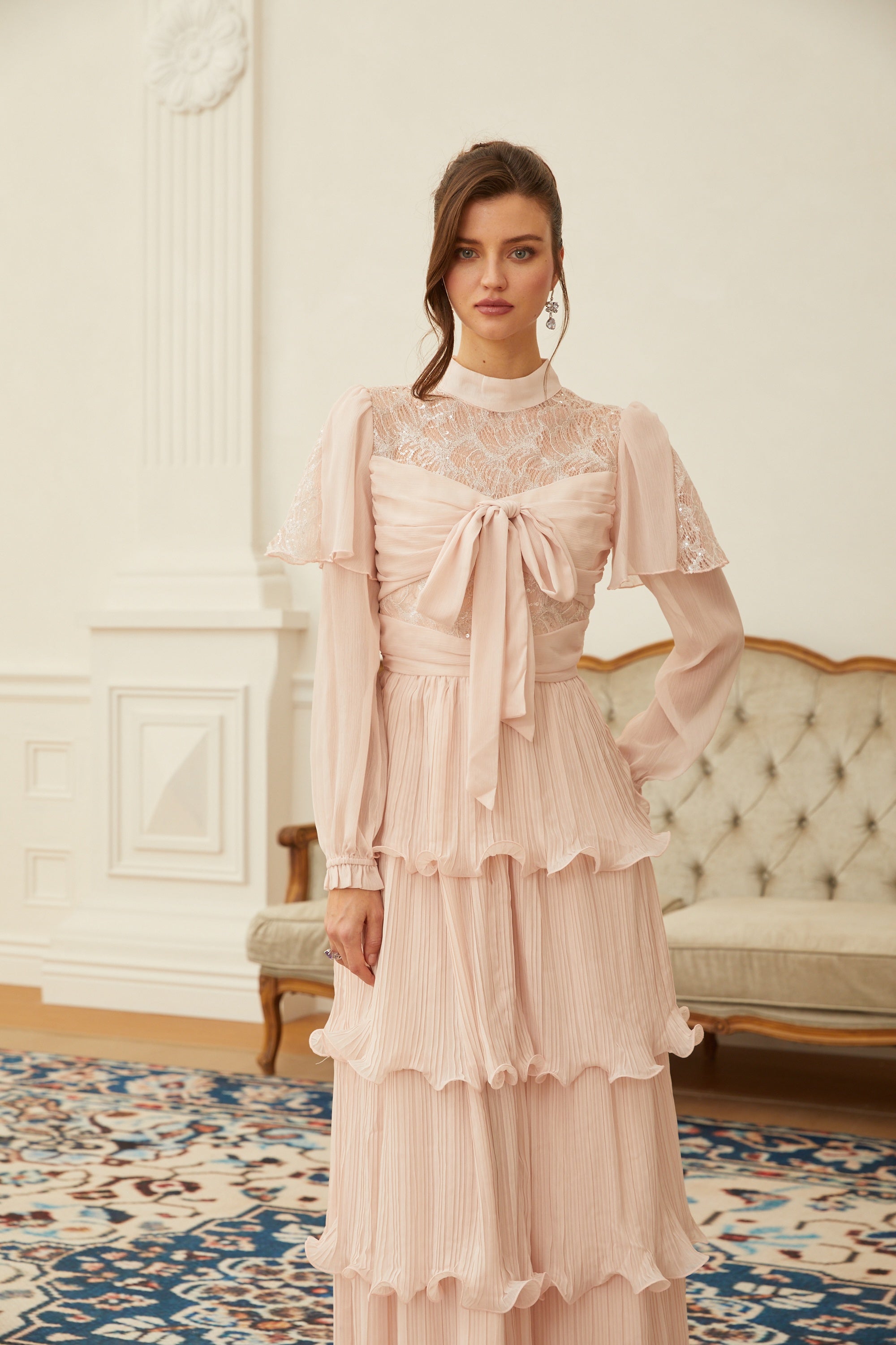 Adelaide Pink Lace Panel Tiered Maxi Dress