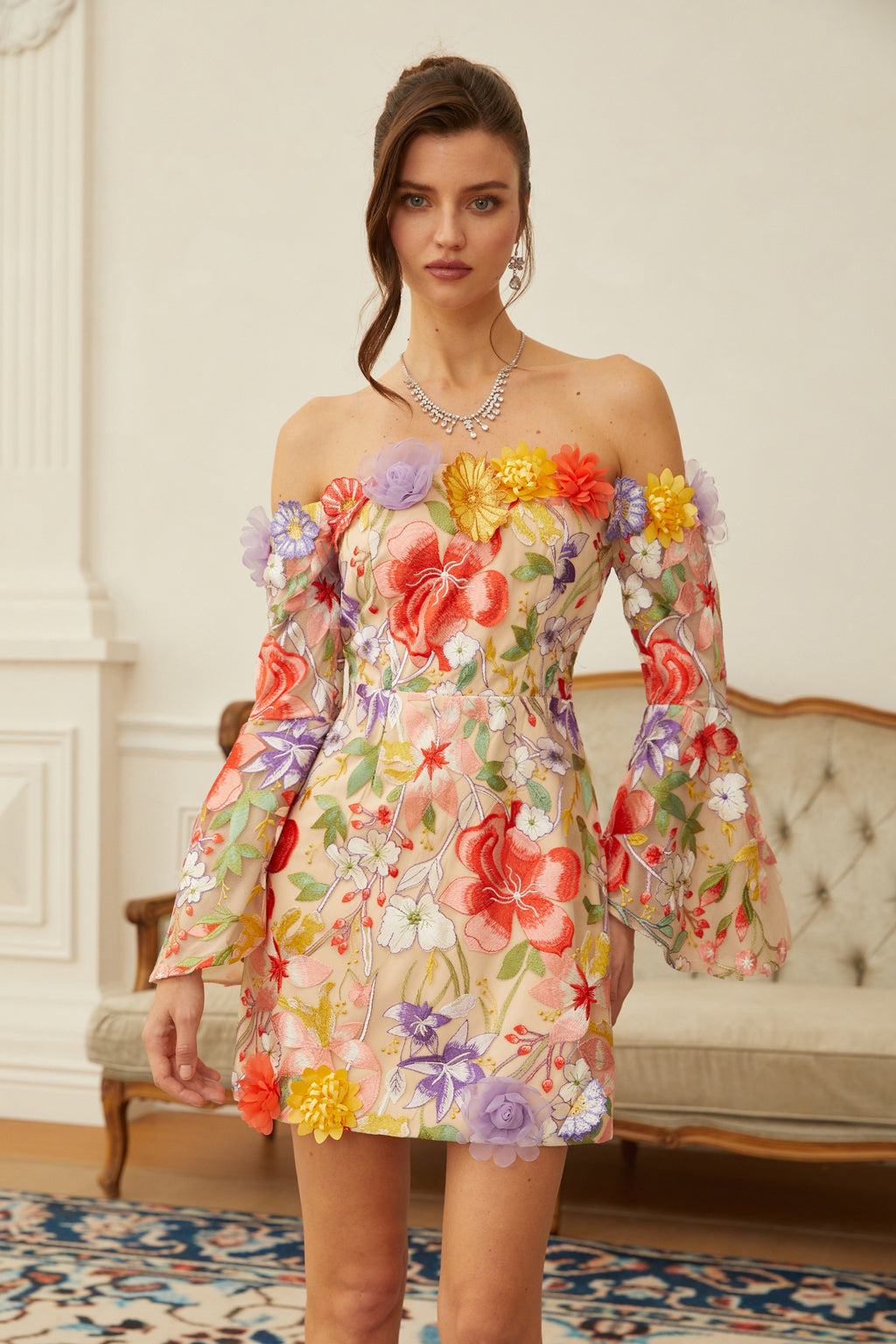 Malva Neutral Floral Embroidered Tulle Mini Dress