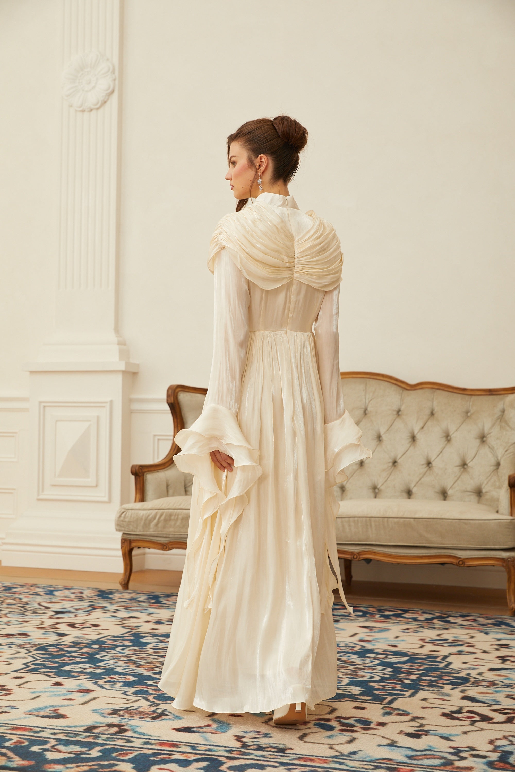 Danuta Neutral Ruched Pleated Maxi Dress