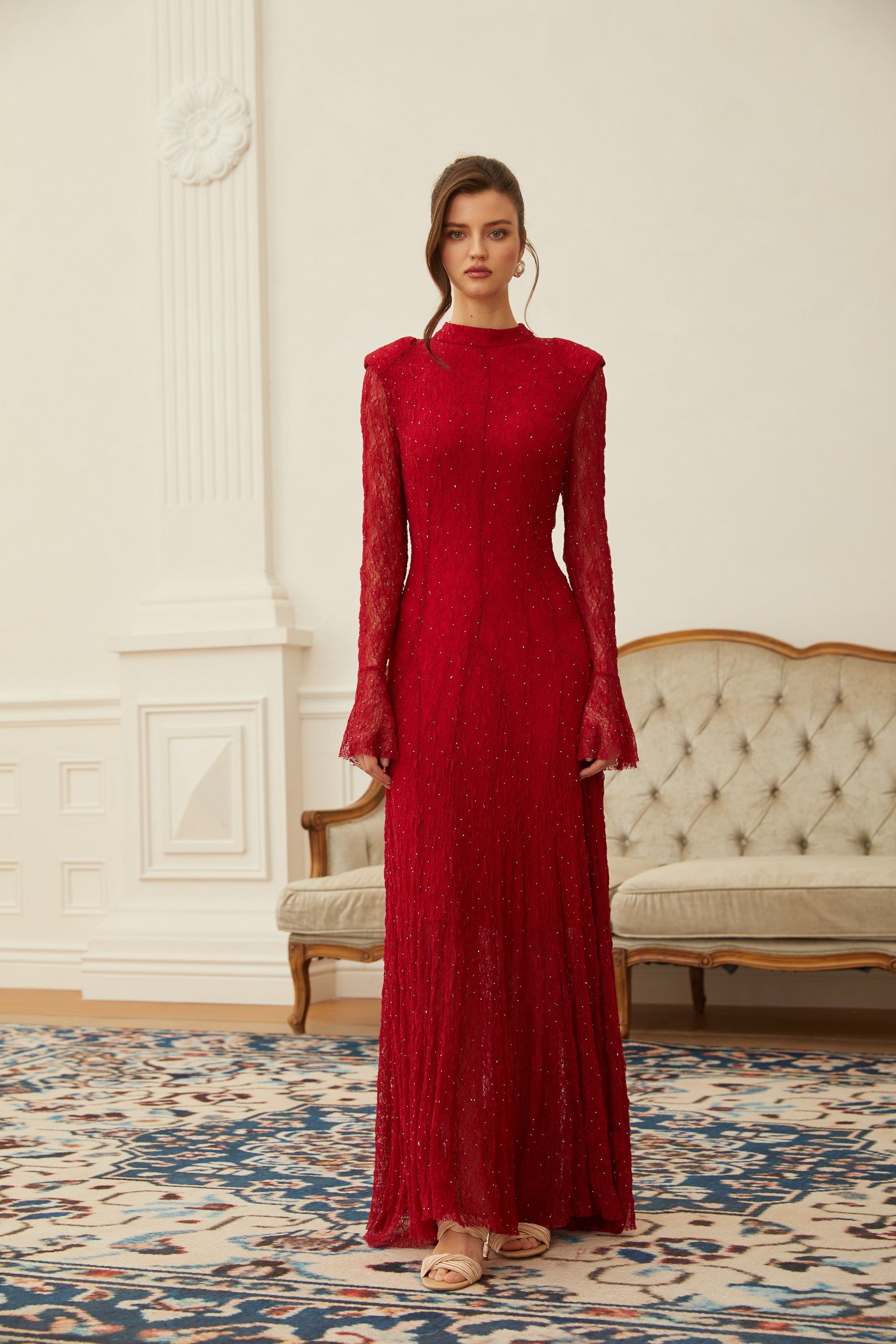 Justyna Rotes Strassbesetztes Guipure-Spitzen-Maxikleid