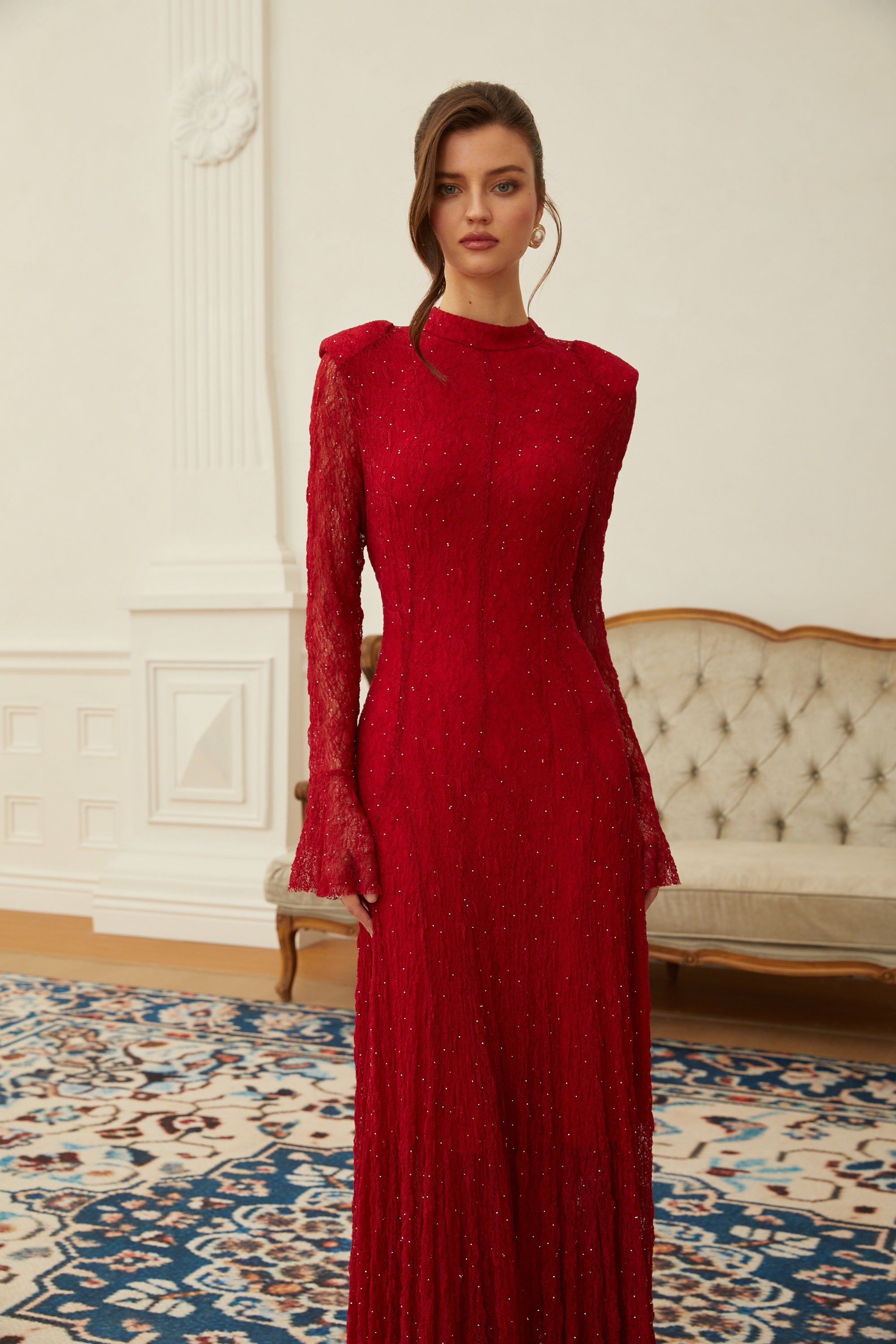 Justyna Rotes Strassbesetztes Guipure-Spitzen-Maxikleid