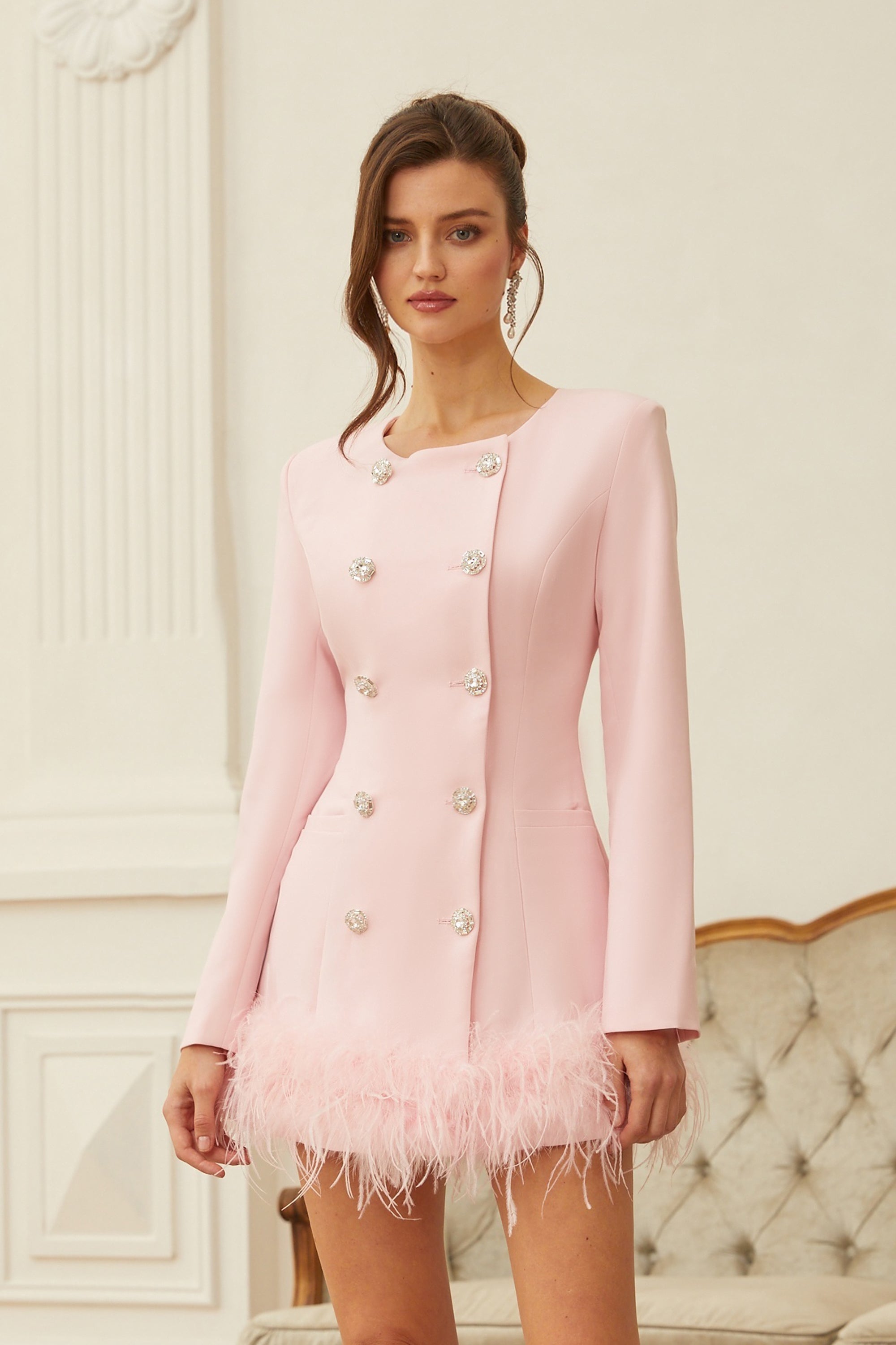 Freja Pink Feather Trim Mini Blazer Dress