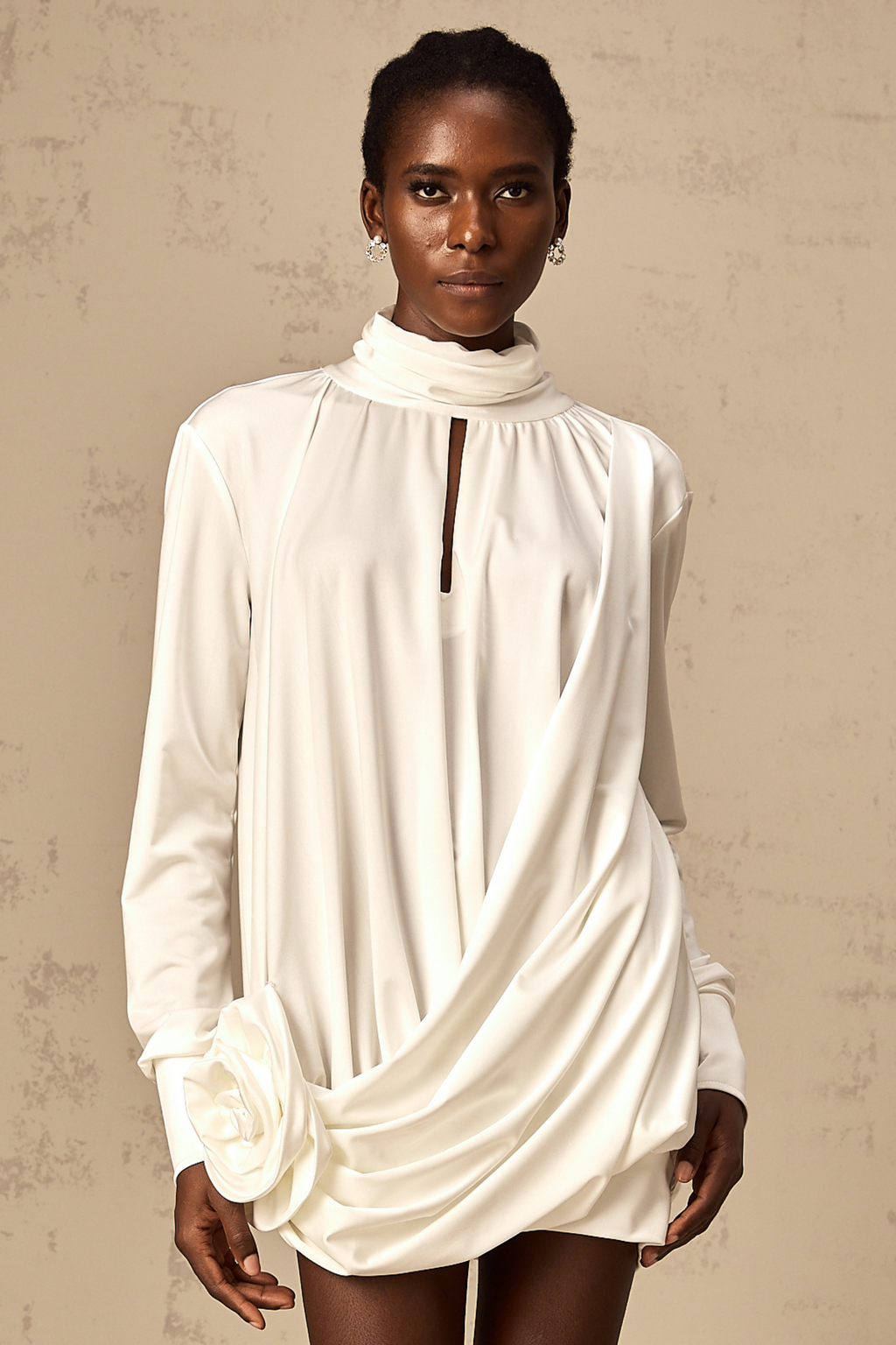 Maeva faux-flower ruched mini dress in White