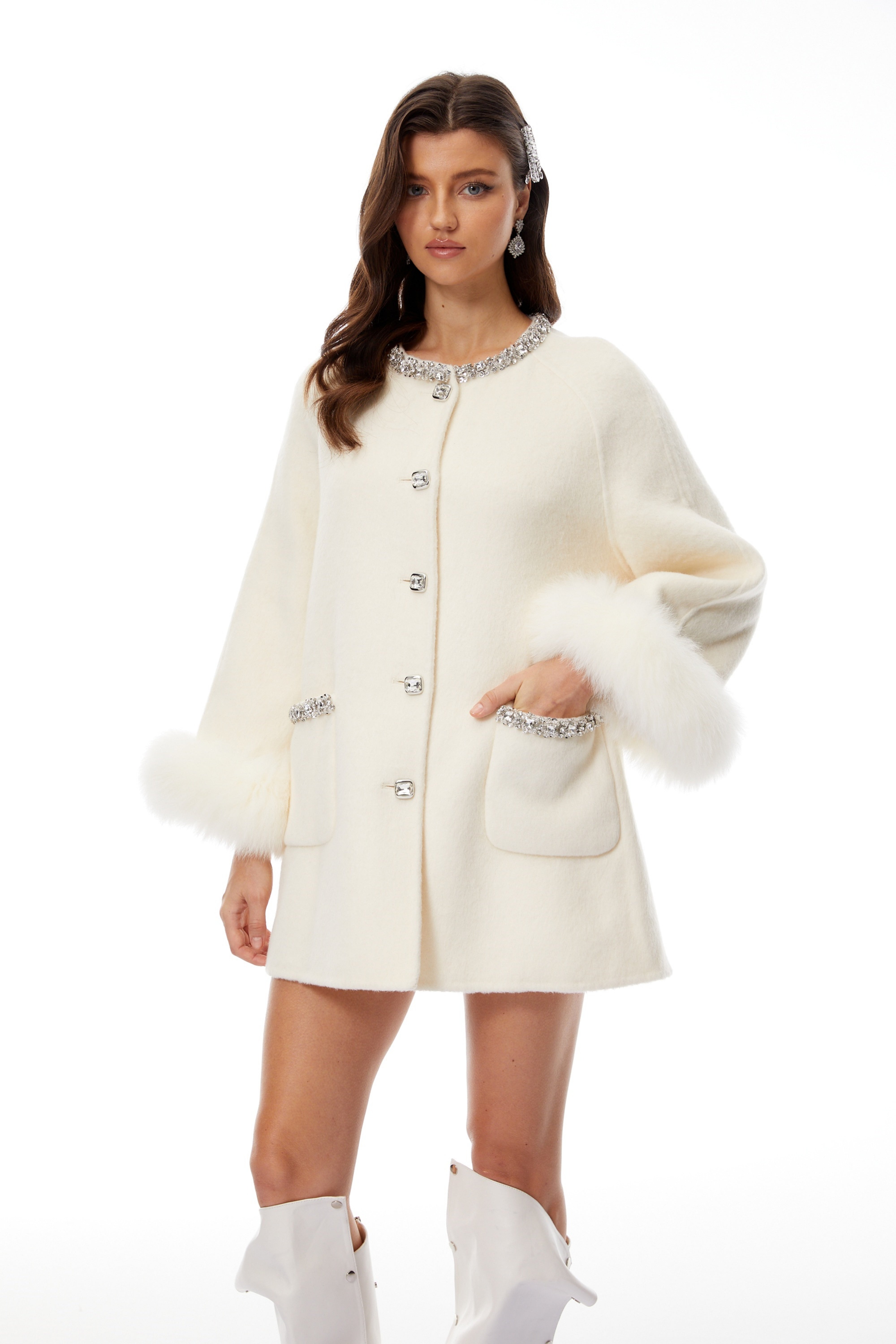 Emersyn White Fur Trim Embellished Wool Coat