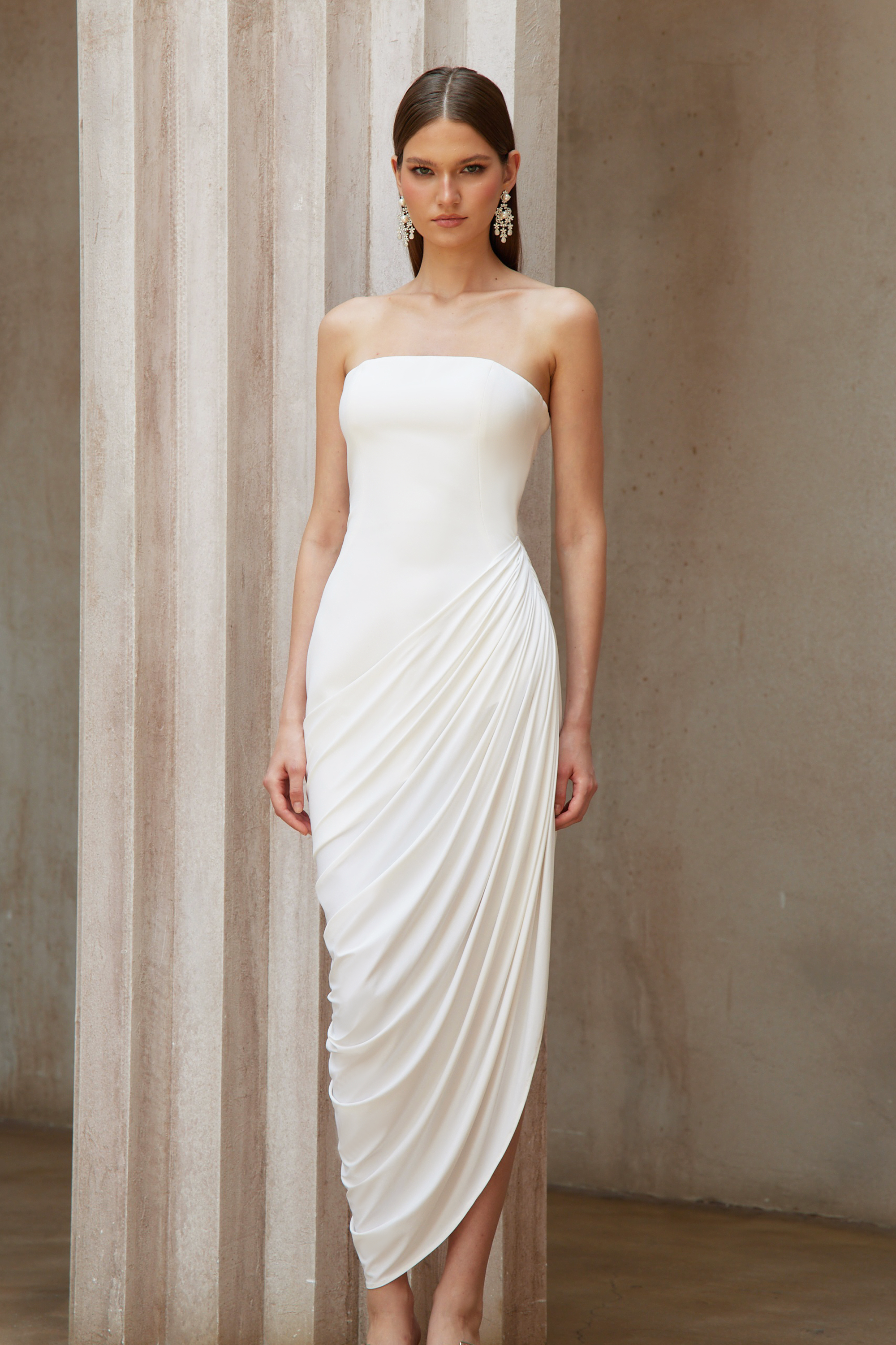 Wanda White Asymmetrical Ruched Midi Dress