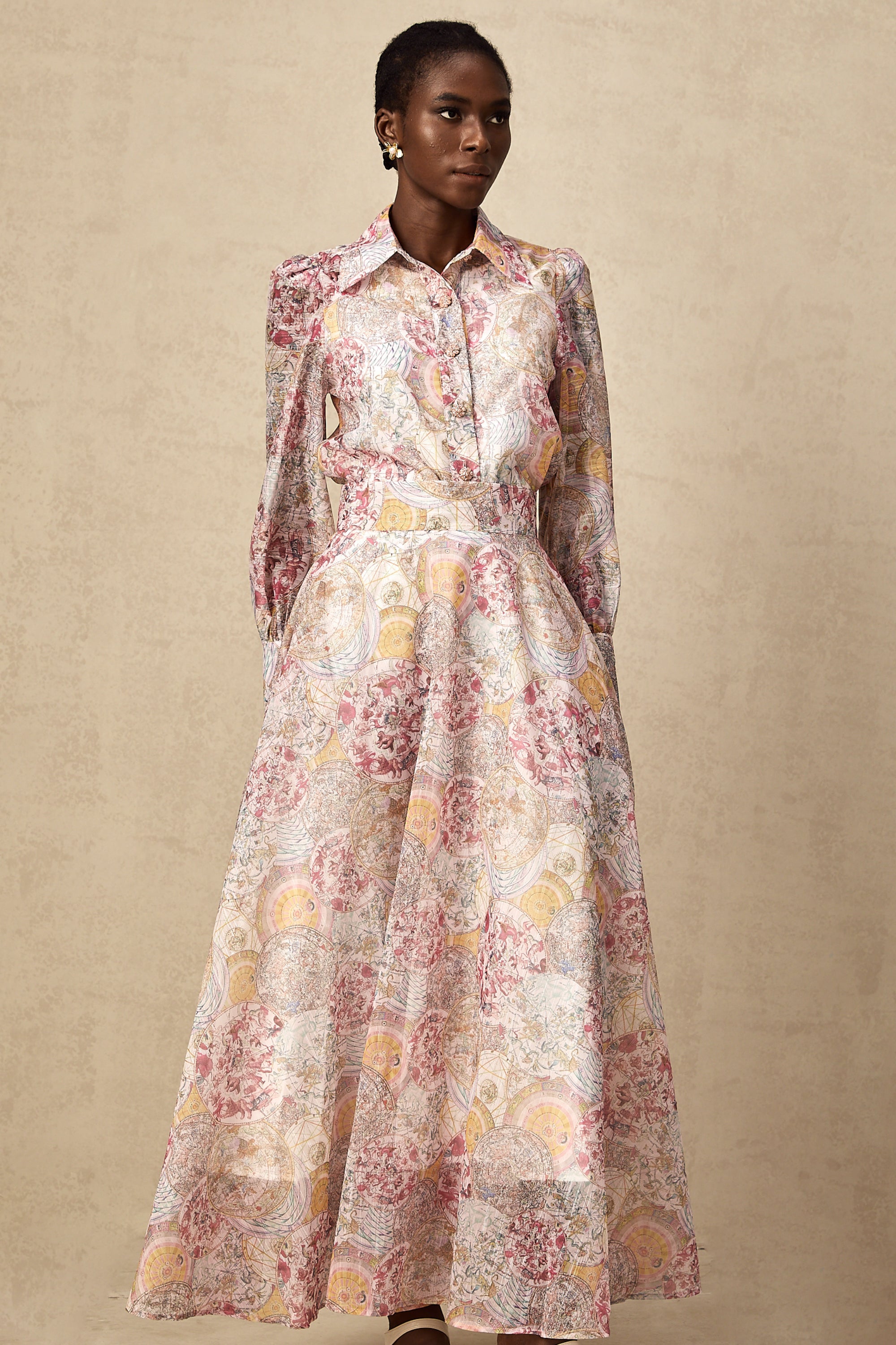 Cherry pink pattern-print shirt & skirt matching set(Final Sale)