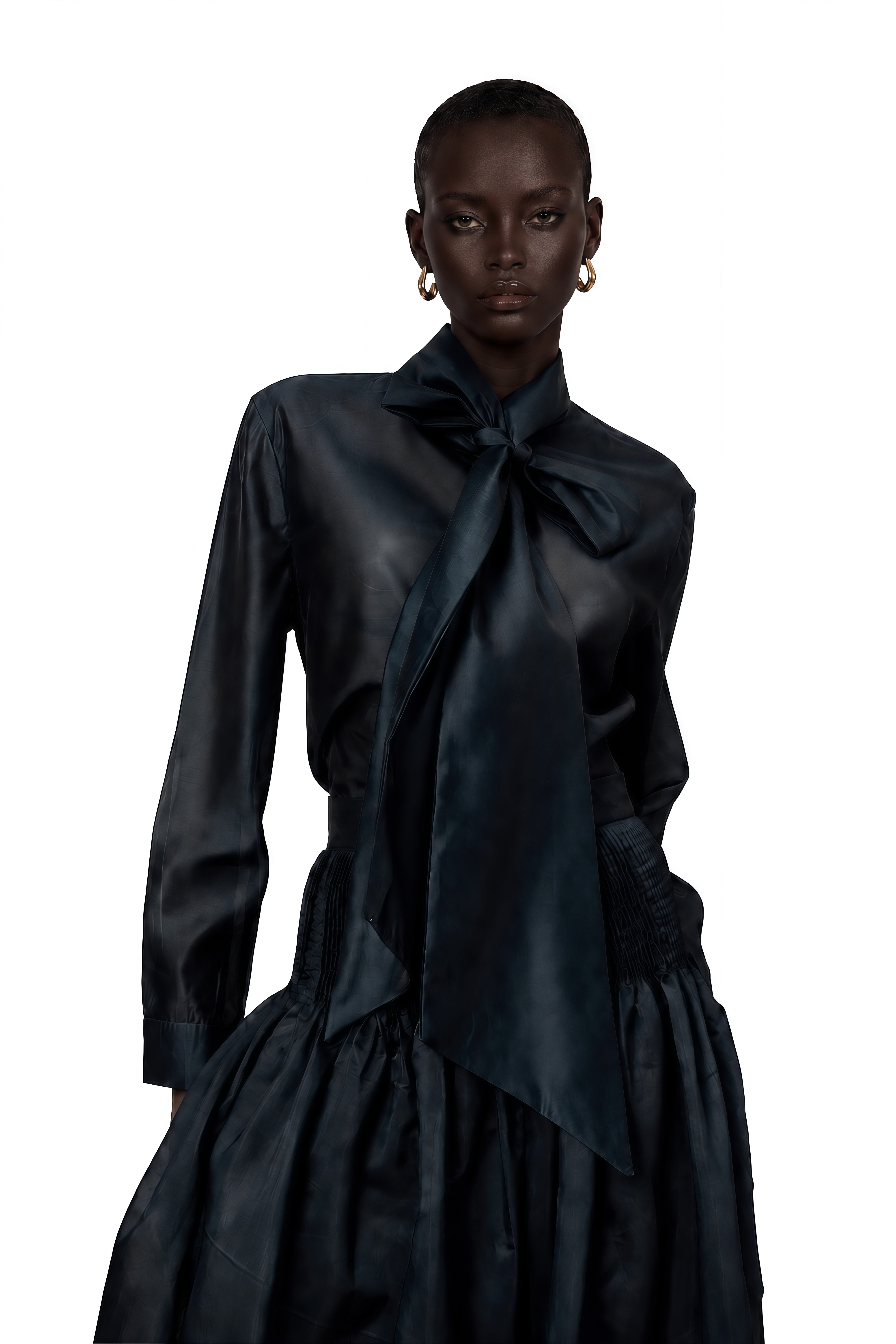 Zoé Dark-Green Ribbon Tie-Neck Shirt & Skirt Matching Set