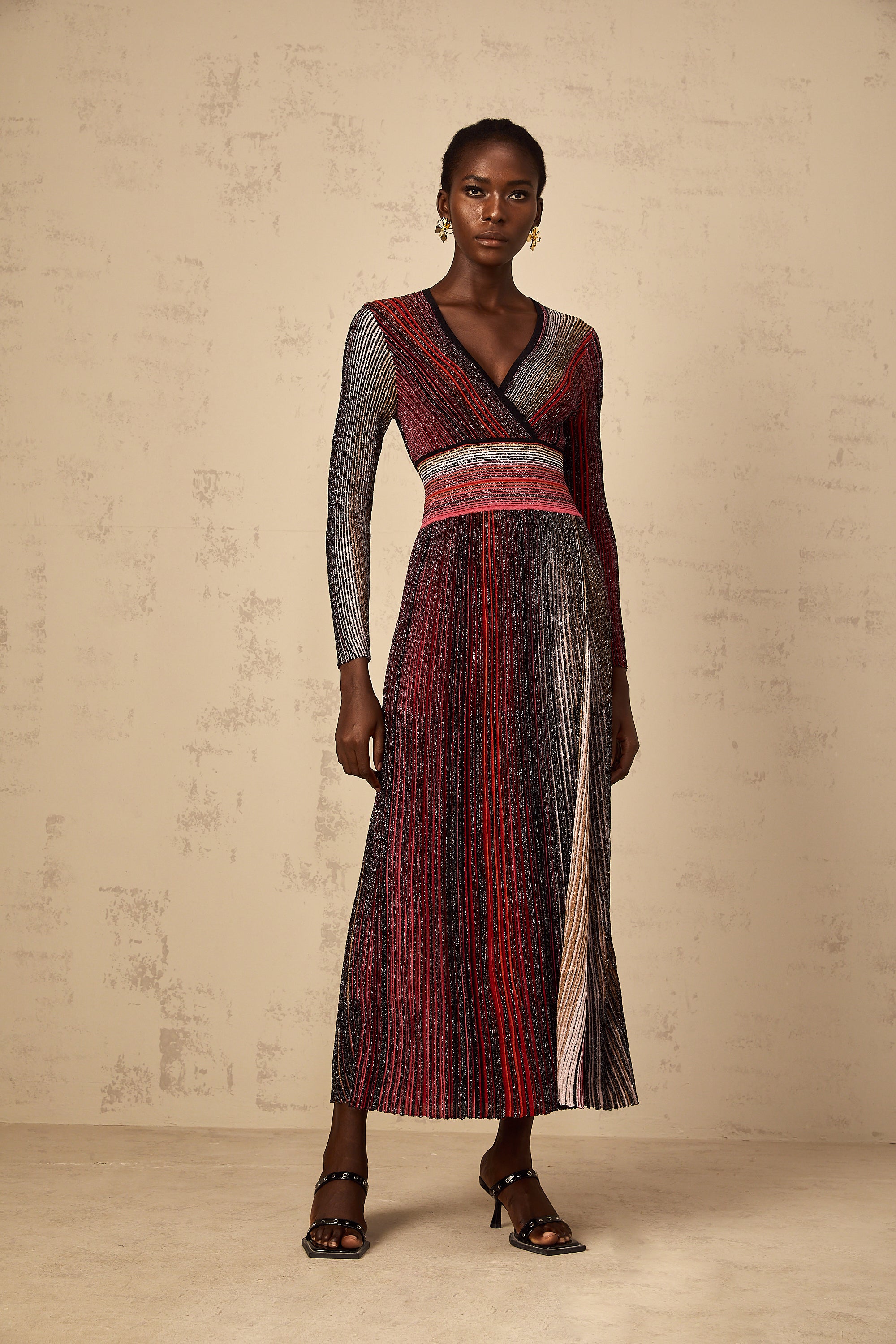 Amaryllis Red Long Sleeve Sequin Striped Knit Maxi Dress