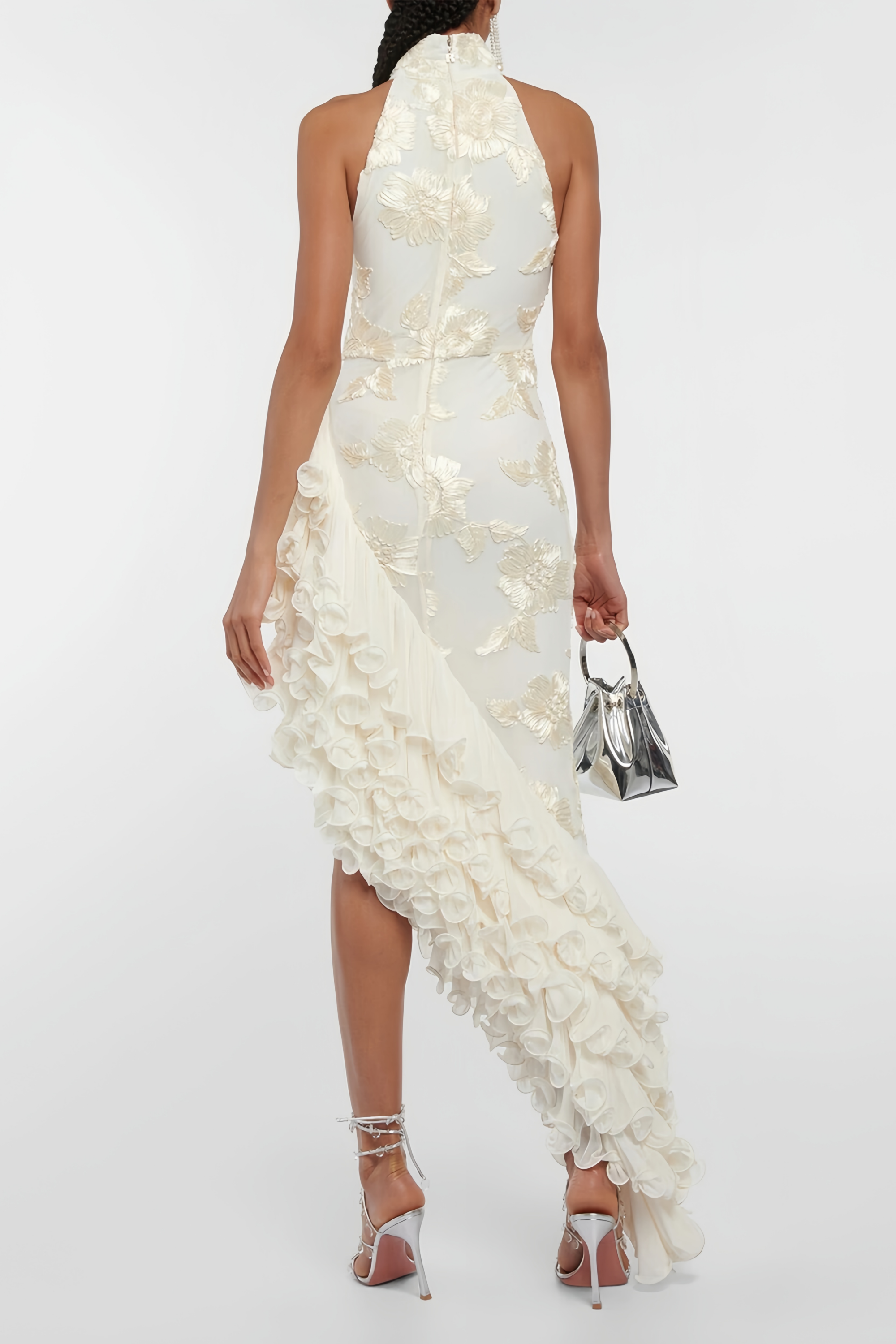 Théoline Neutral Asymmetrical Ruffled Floral Midi Dress