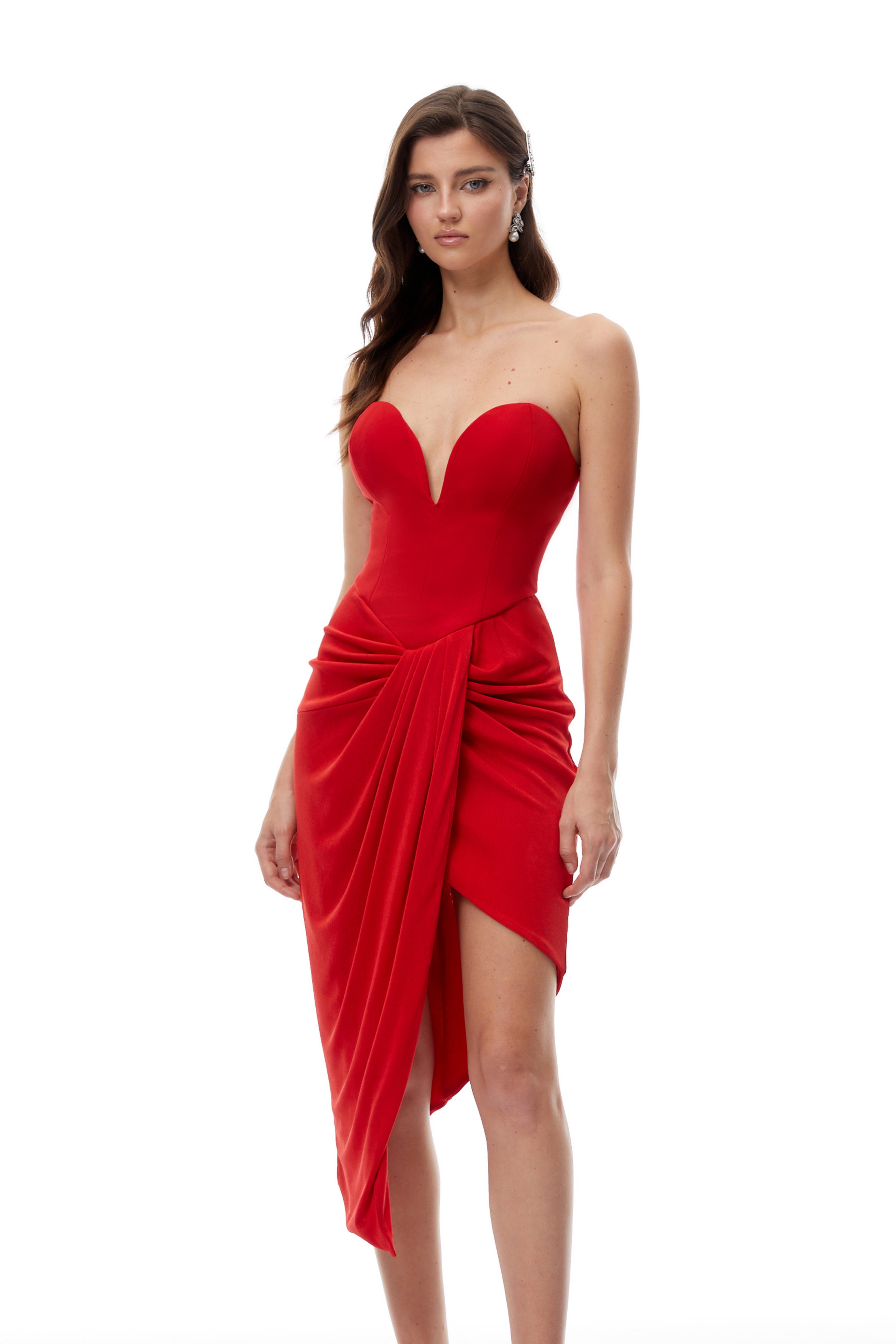 Una Red Strapless Gathered Corset Mini Dress