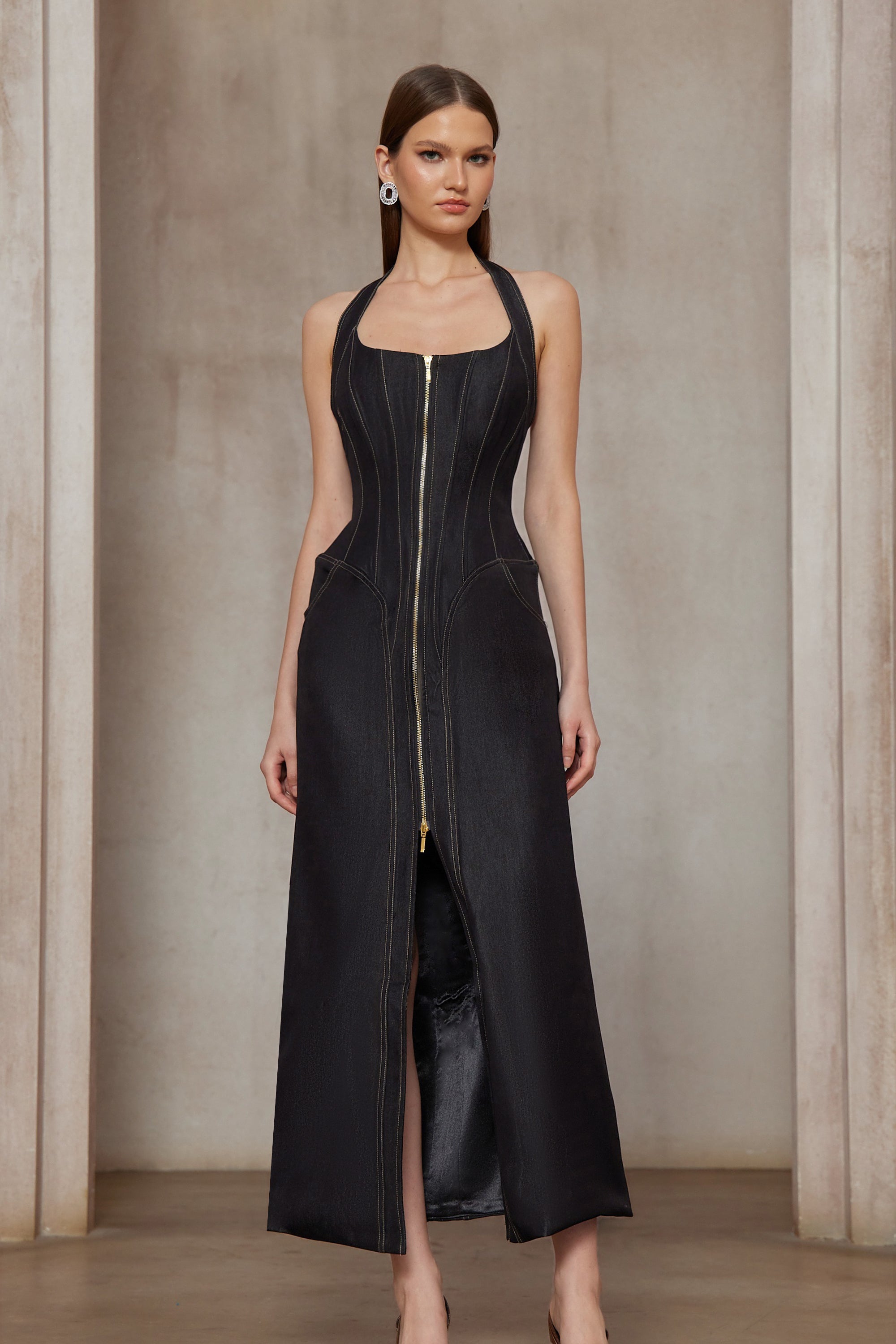 Adrienne black denim front-slit contrast-stitching maxi dress