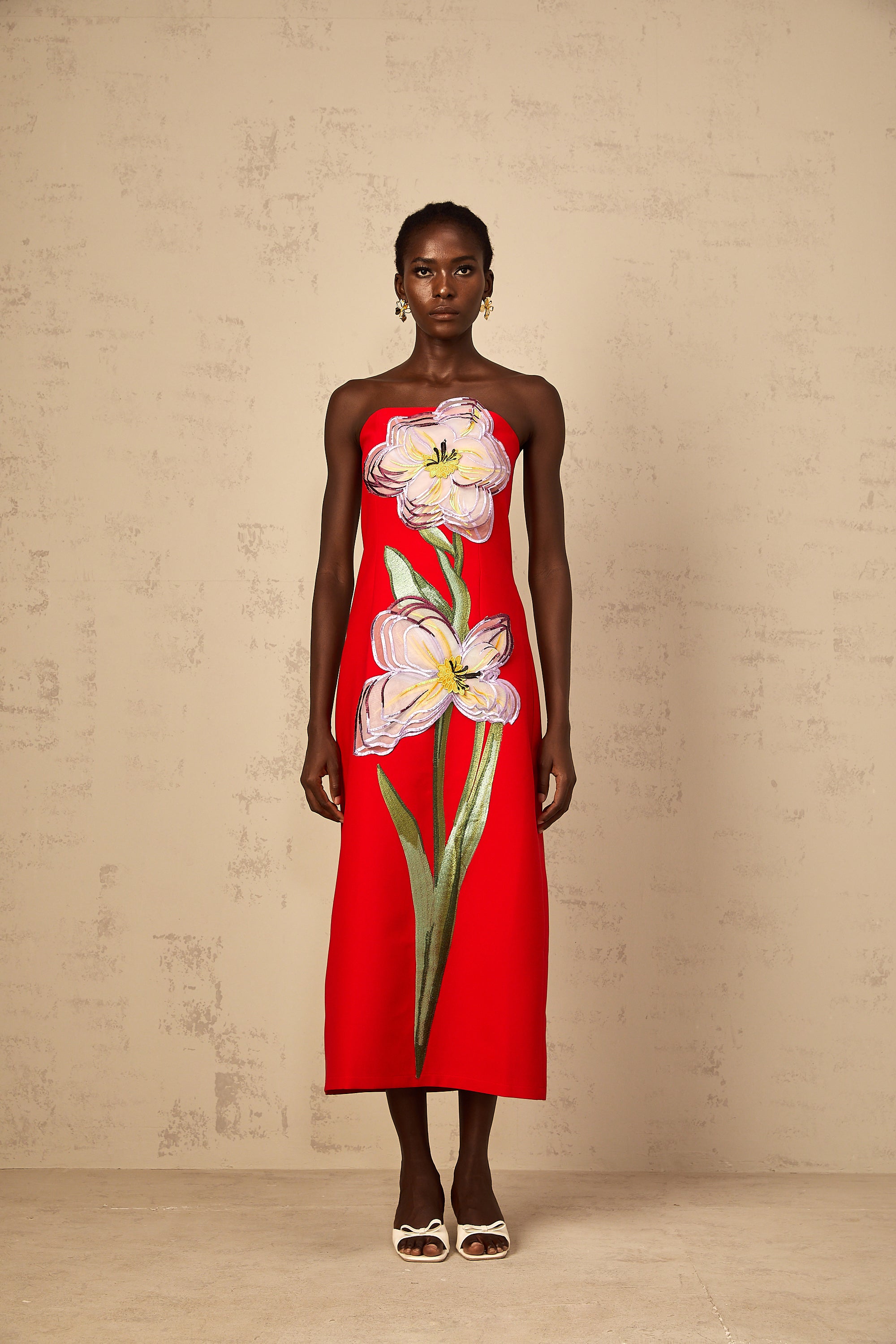 Irène Sequin Embroidered Off-Shoulder Midi Dress in Red