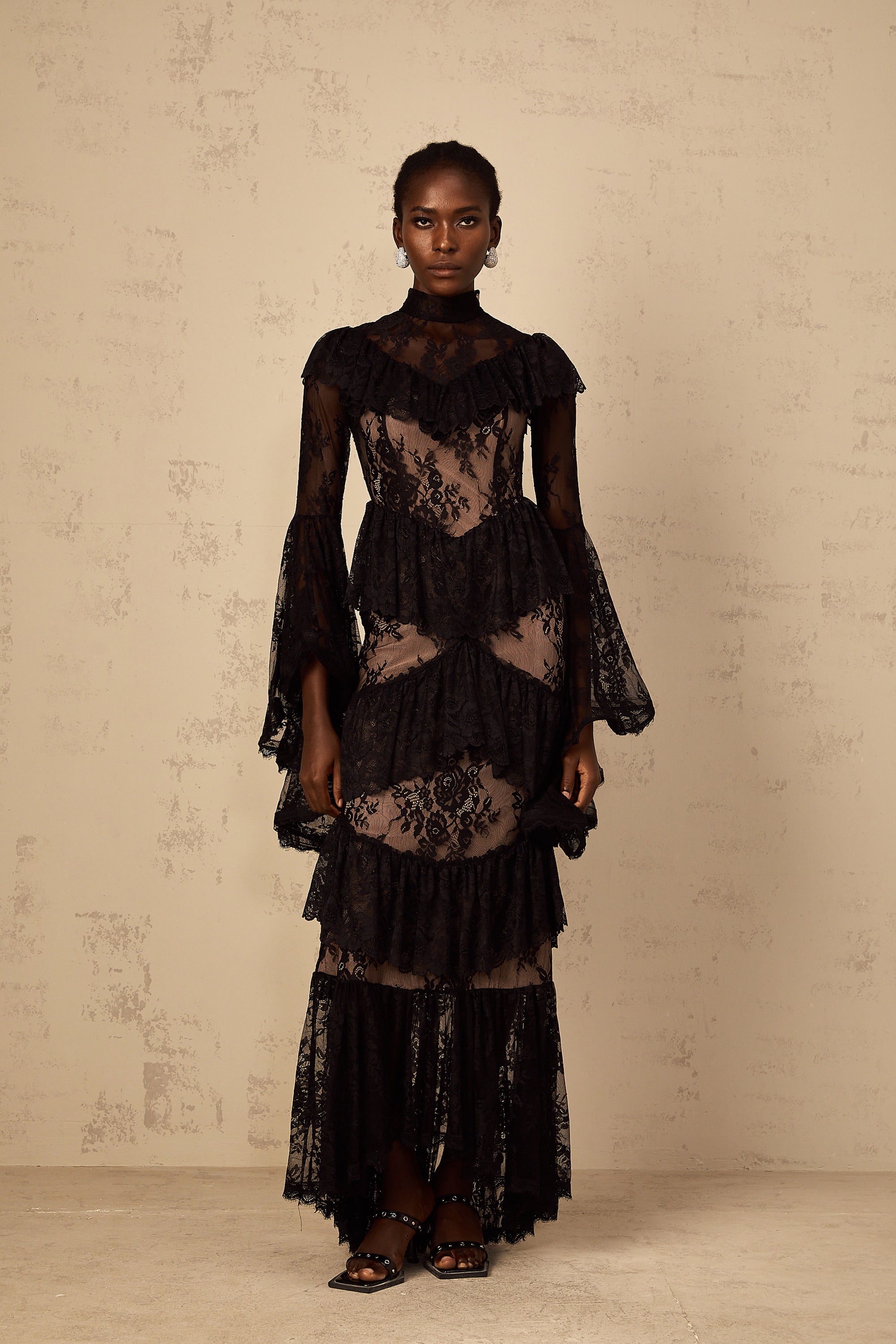 Roxane black floral-lace ruffled maxi dress