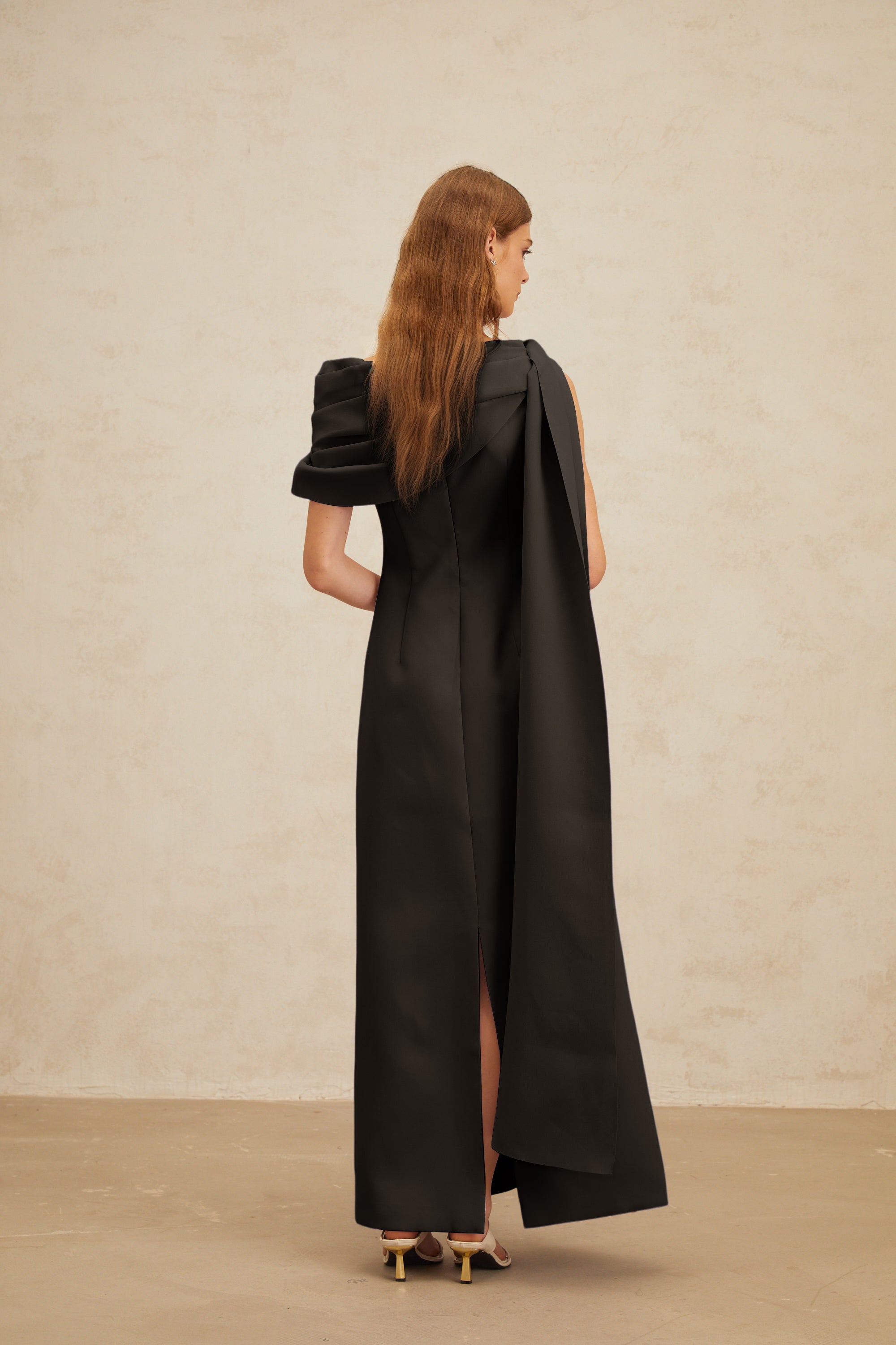 Annabelle Black Cape-Design Ribbon Maxi Dress