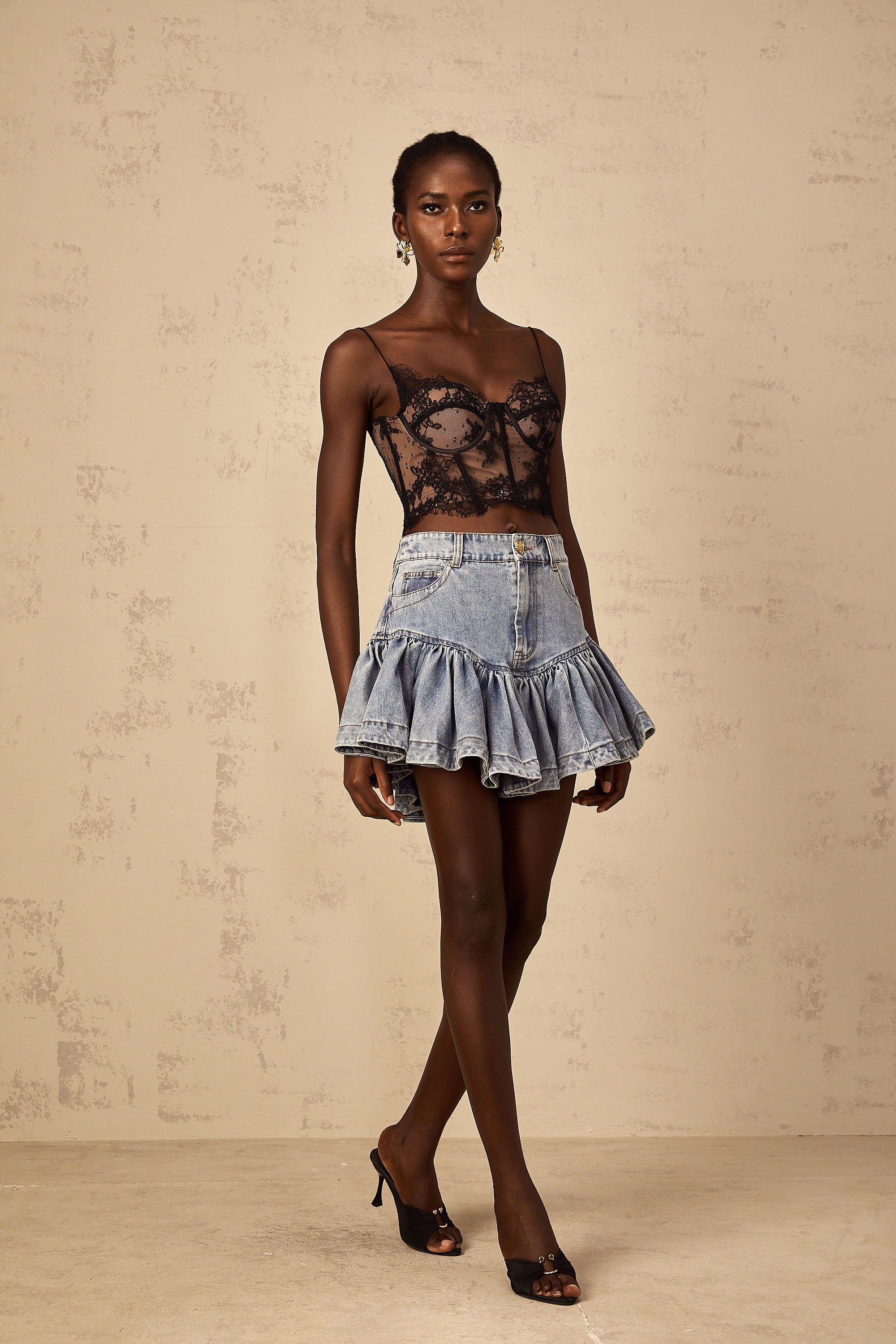 Florence Ruffled Denim Mini Skirt in Light Blue