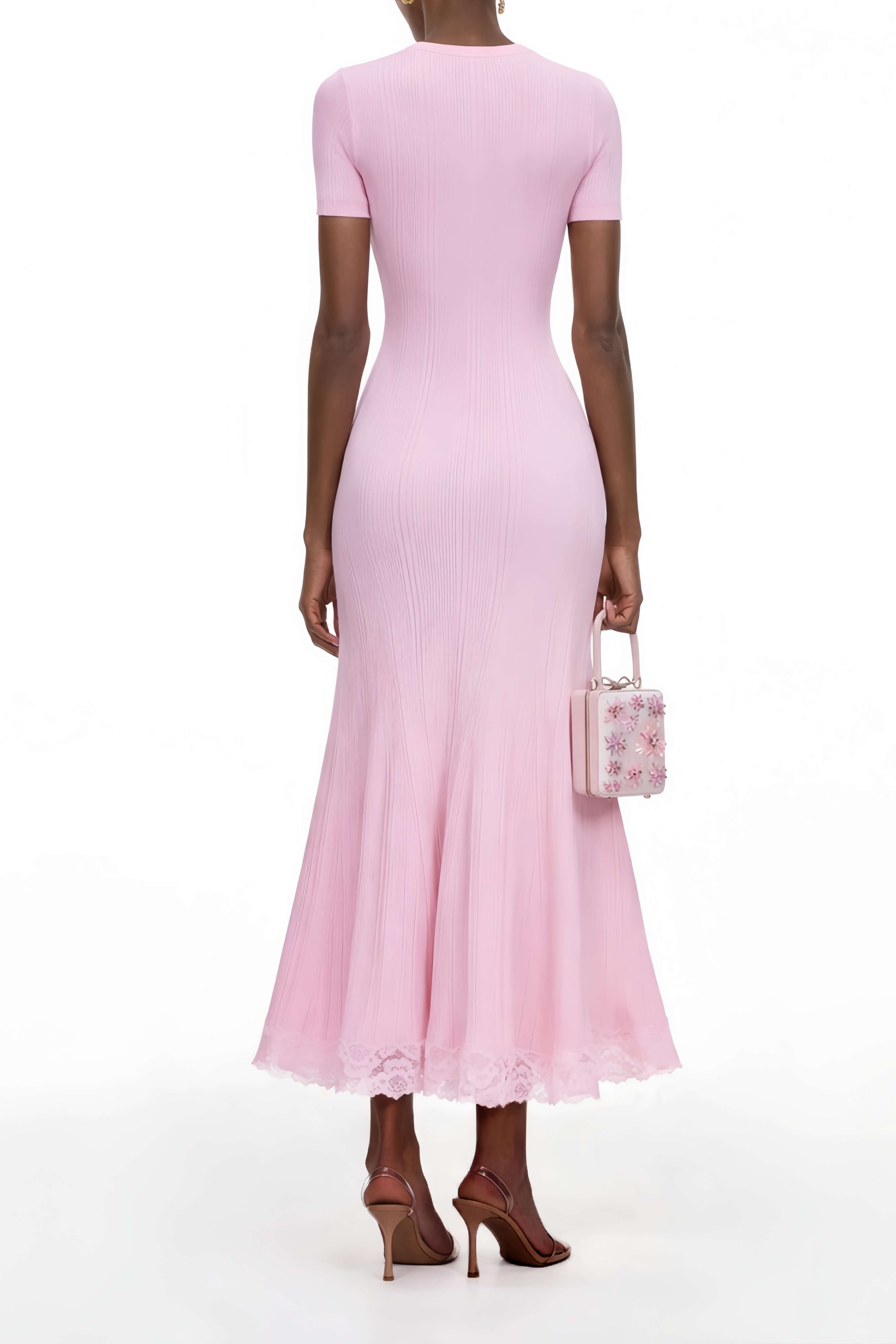 Thalya Midi-Kleid aus Strick mit rosa Spitzenbesatz