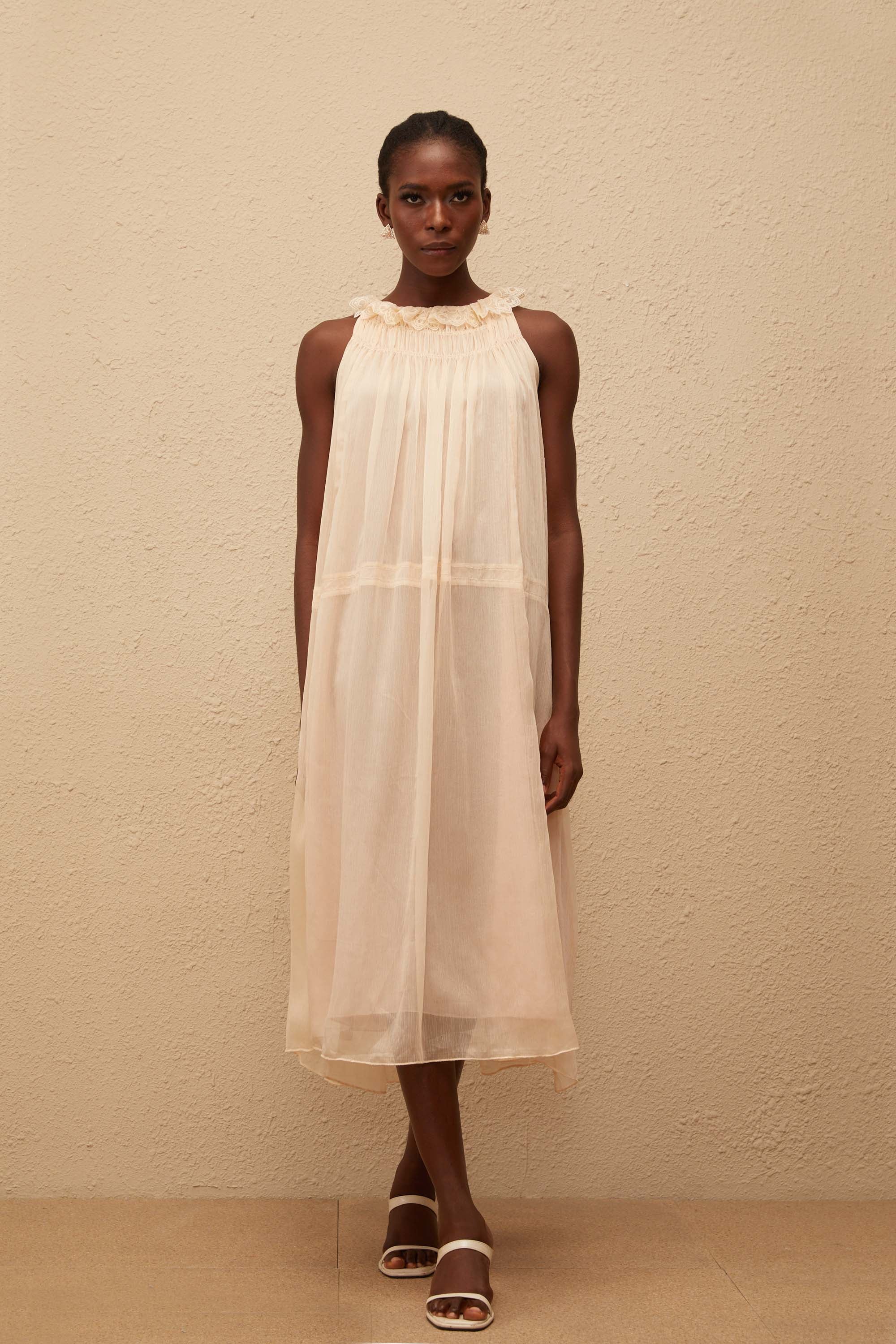 Orélie Neutral Pleated Chiffon Midi Dress