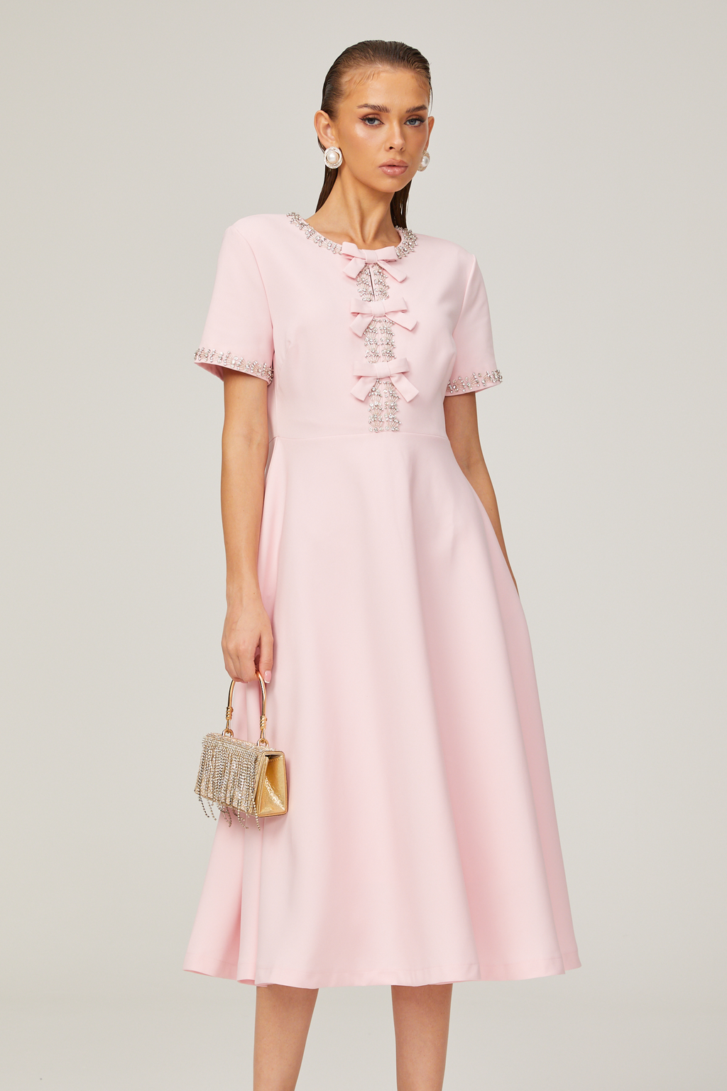 Cassie Pink Floral Bow Midi Dress main image 1