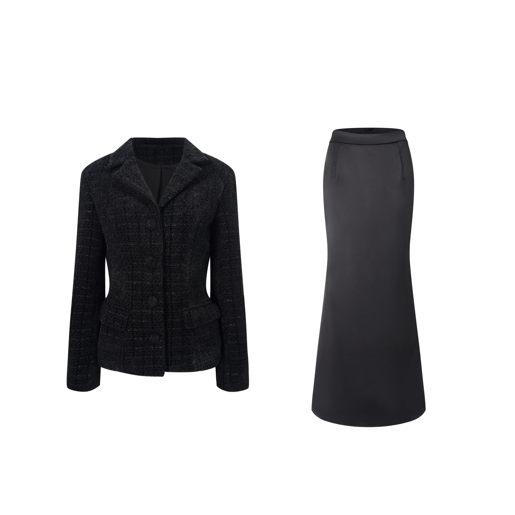 Ariadna Black Tweed Jacket & Satin Skirt Set