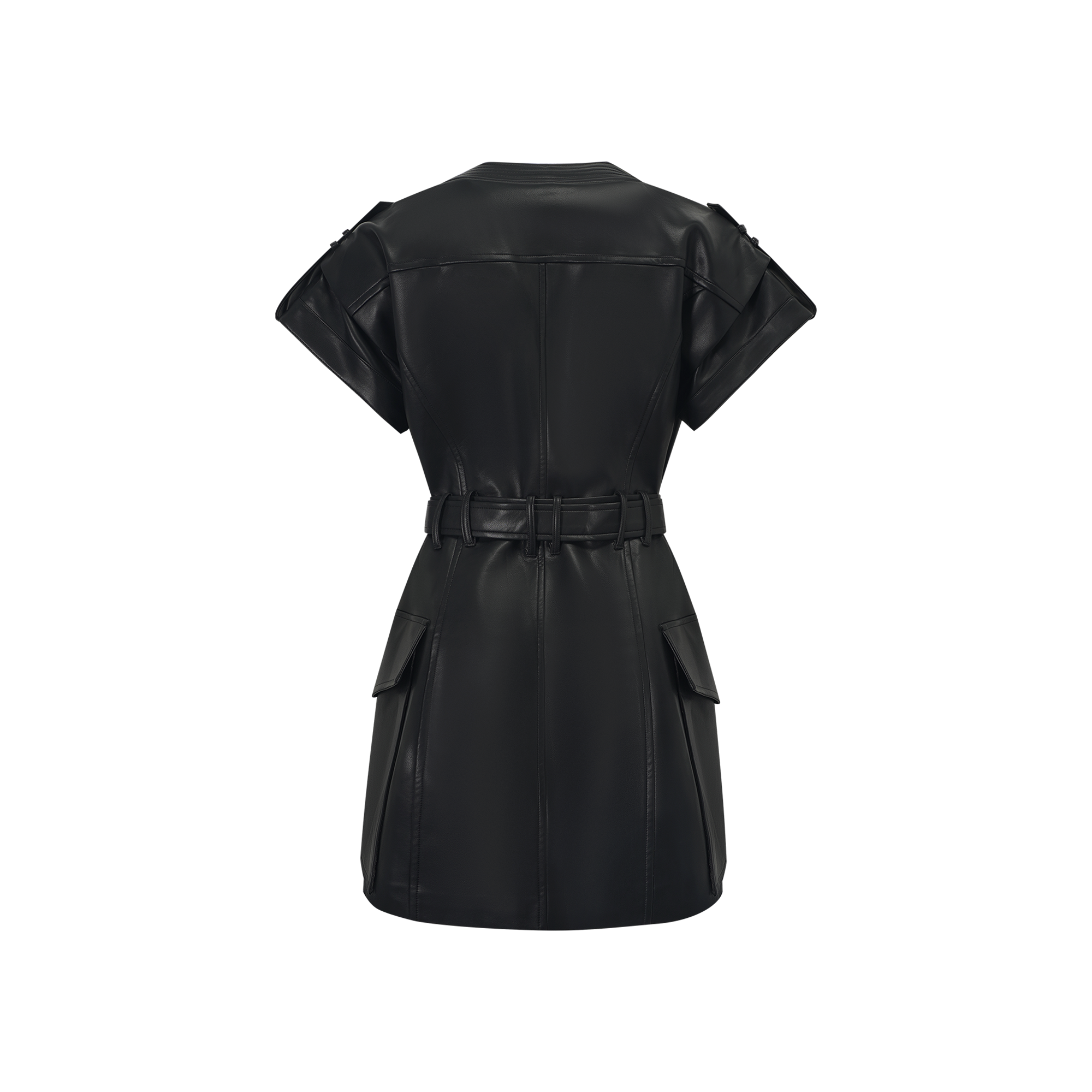 Amarante Schwarzes, zweireihiges Mini-Kleid aus Leder