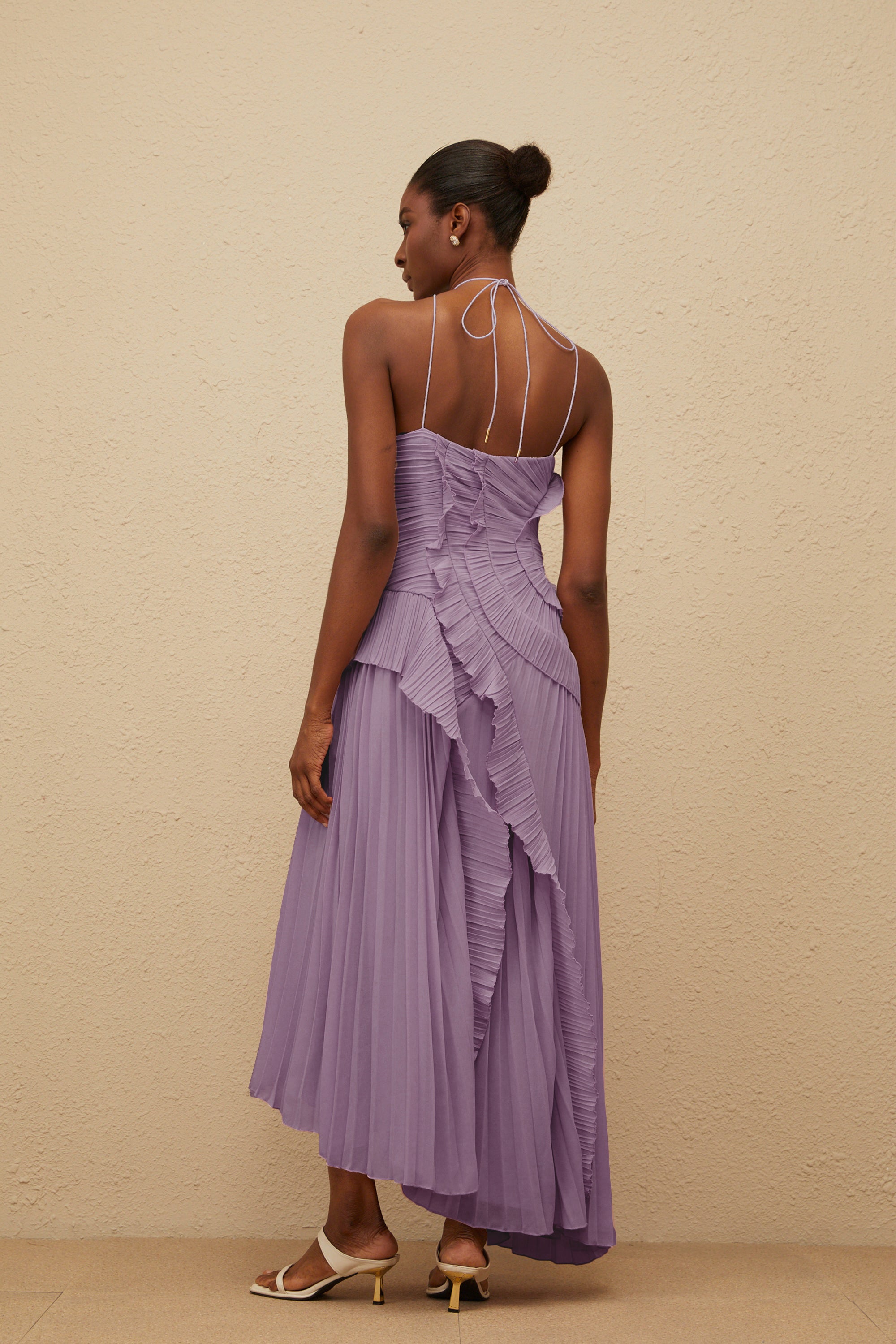 Doux Purple Ruffled Trim Pleated Midi Dress