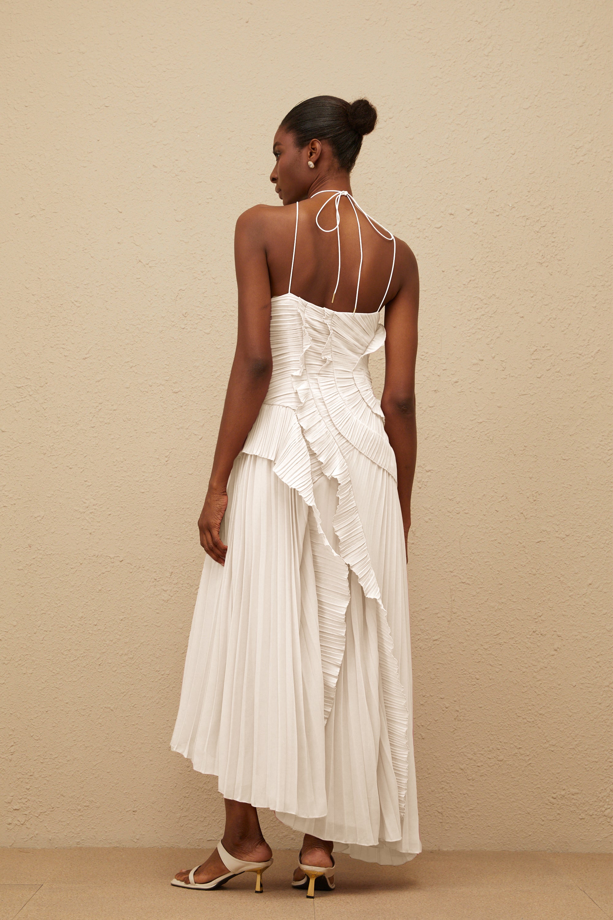 Doux White Ruffled Trim Pleated Midi Dress