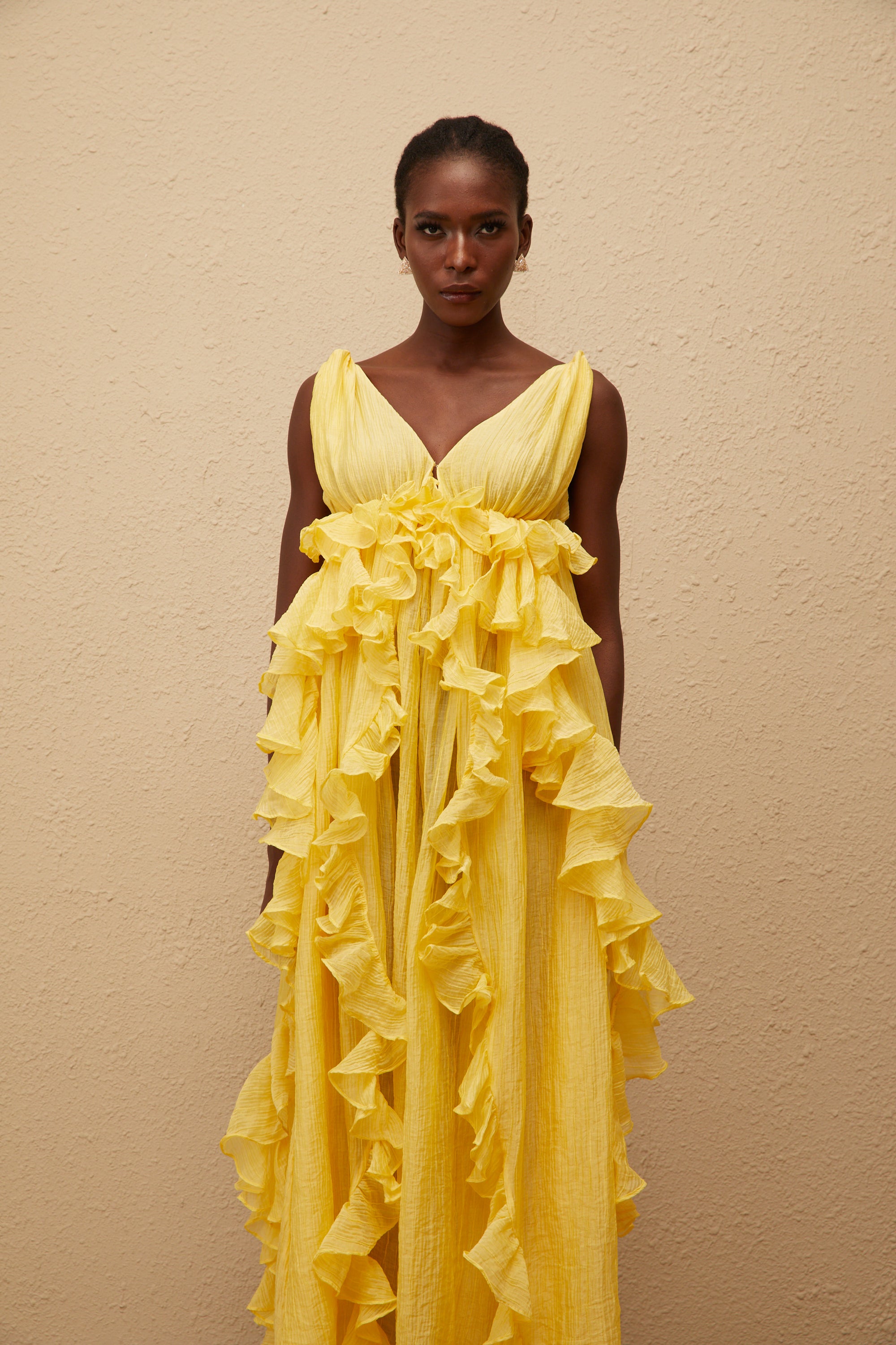 Estelle Yellow Crinkled Ruffled Maxi Dress