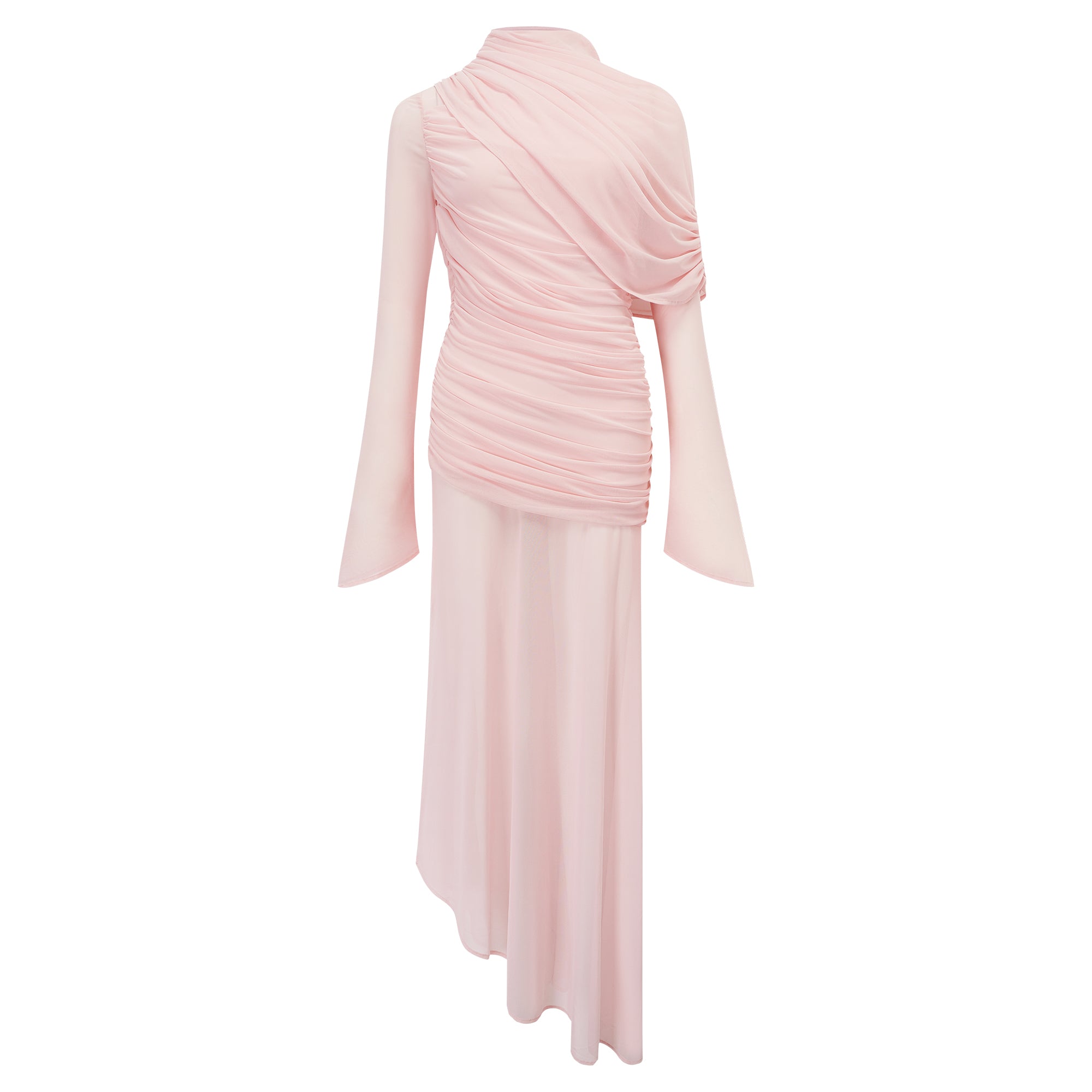 Garance Pink Asymmetrical Ruched Mesh Maxi Dress