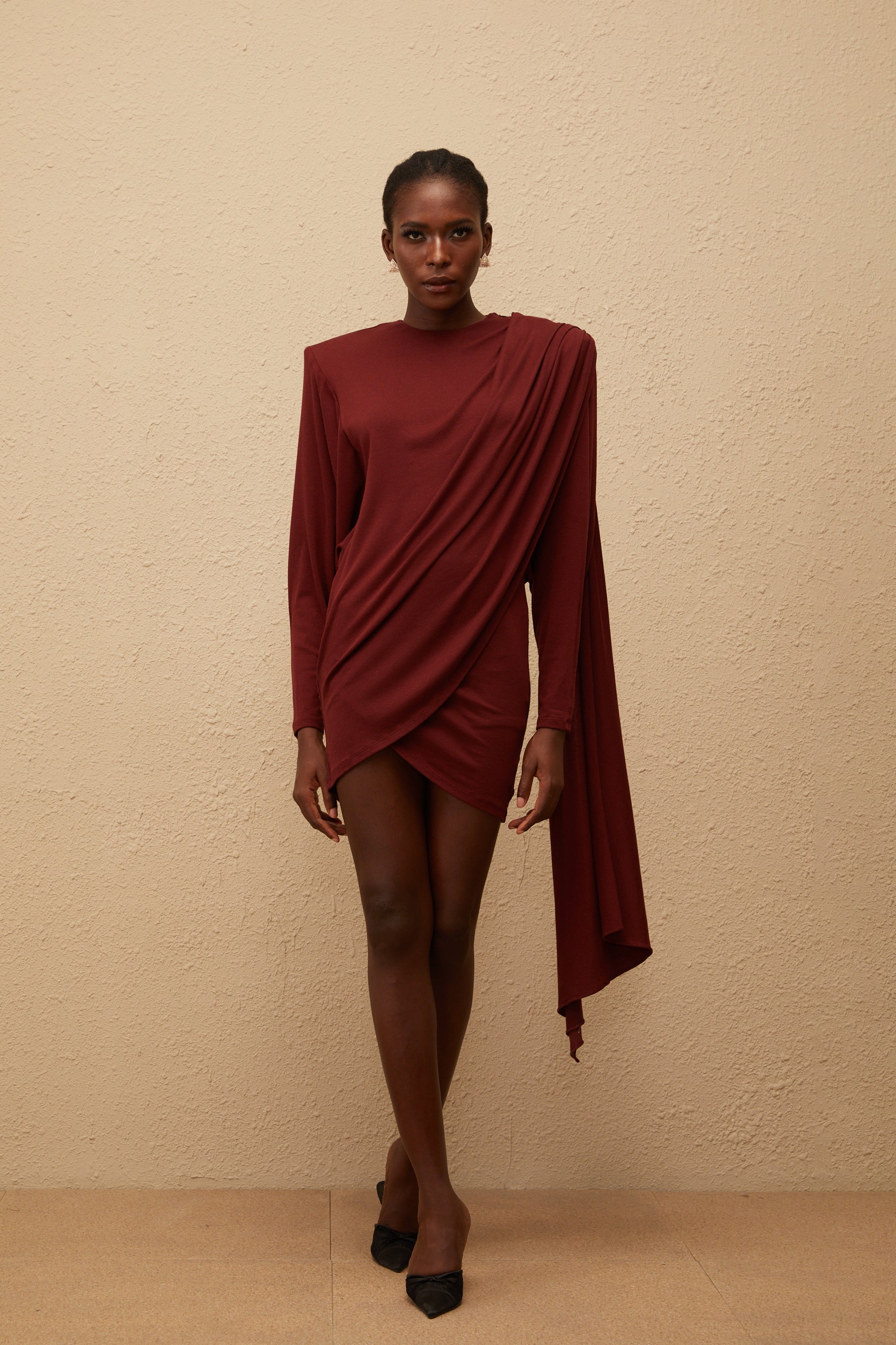 Garance Maroon Asymmetrical Knit Mini Dress