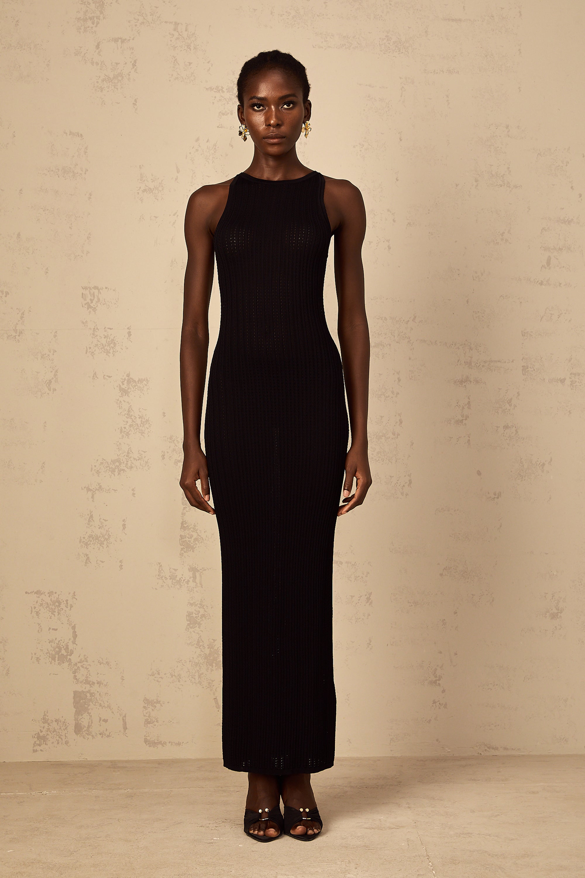 Déotille black fitted ribbed-knit maxi dress