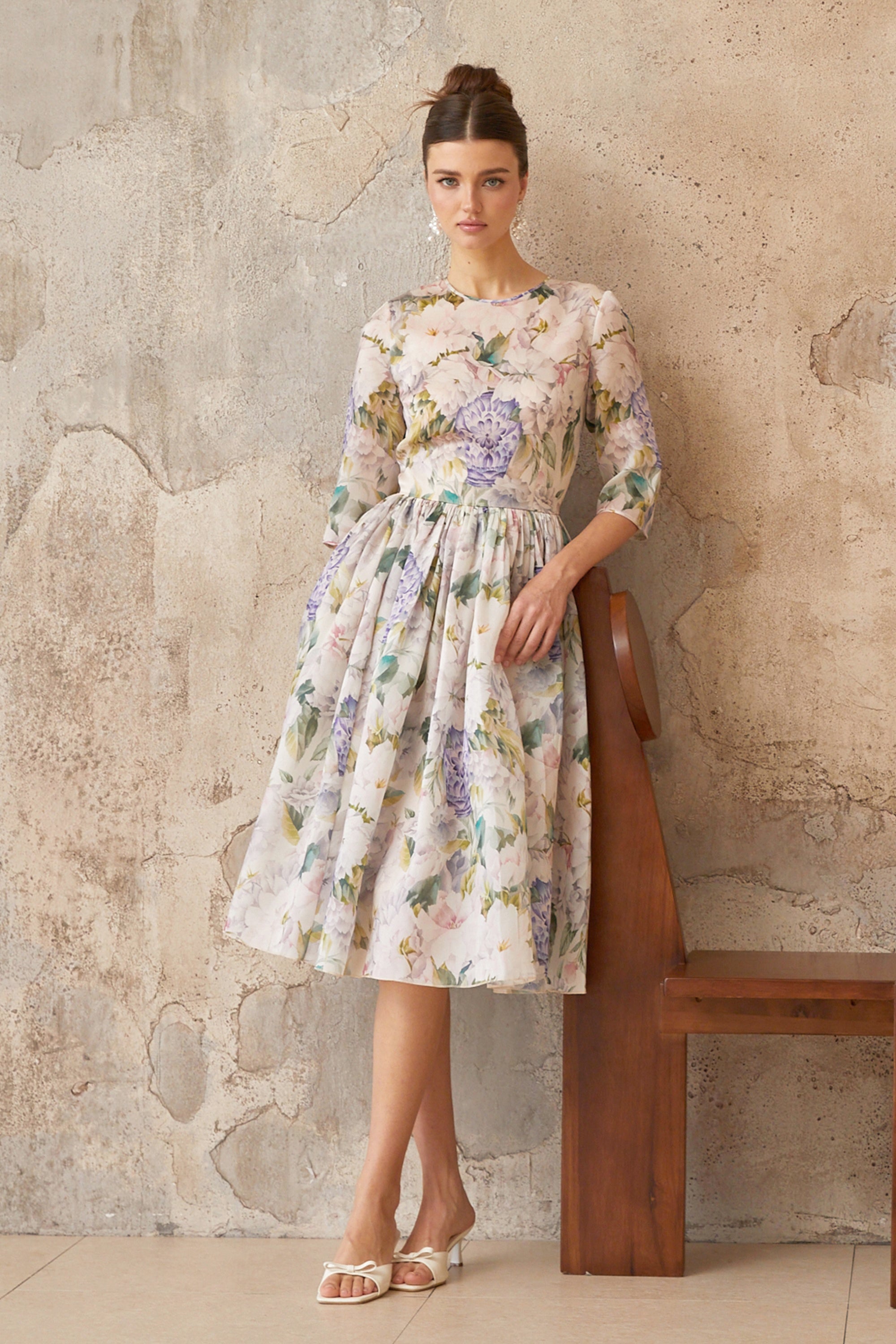 Lydie Floral Print Shirred Midi Dress