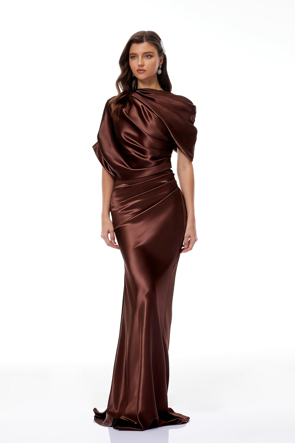 Luisa Brown Asymmetrical Gathered Satin Maxi Dress, XL / Brown Luisa Brown Asymmetrical Gathered Satin Maxi Dress, XL / Brown