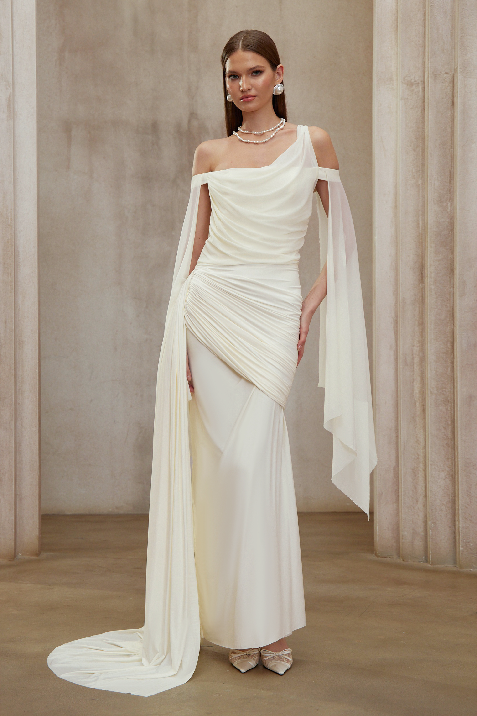 Aurianne White Asymmetrical Draped Maxi Dress