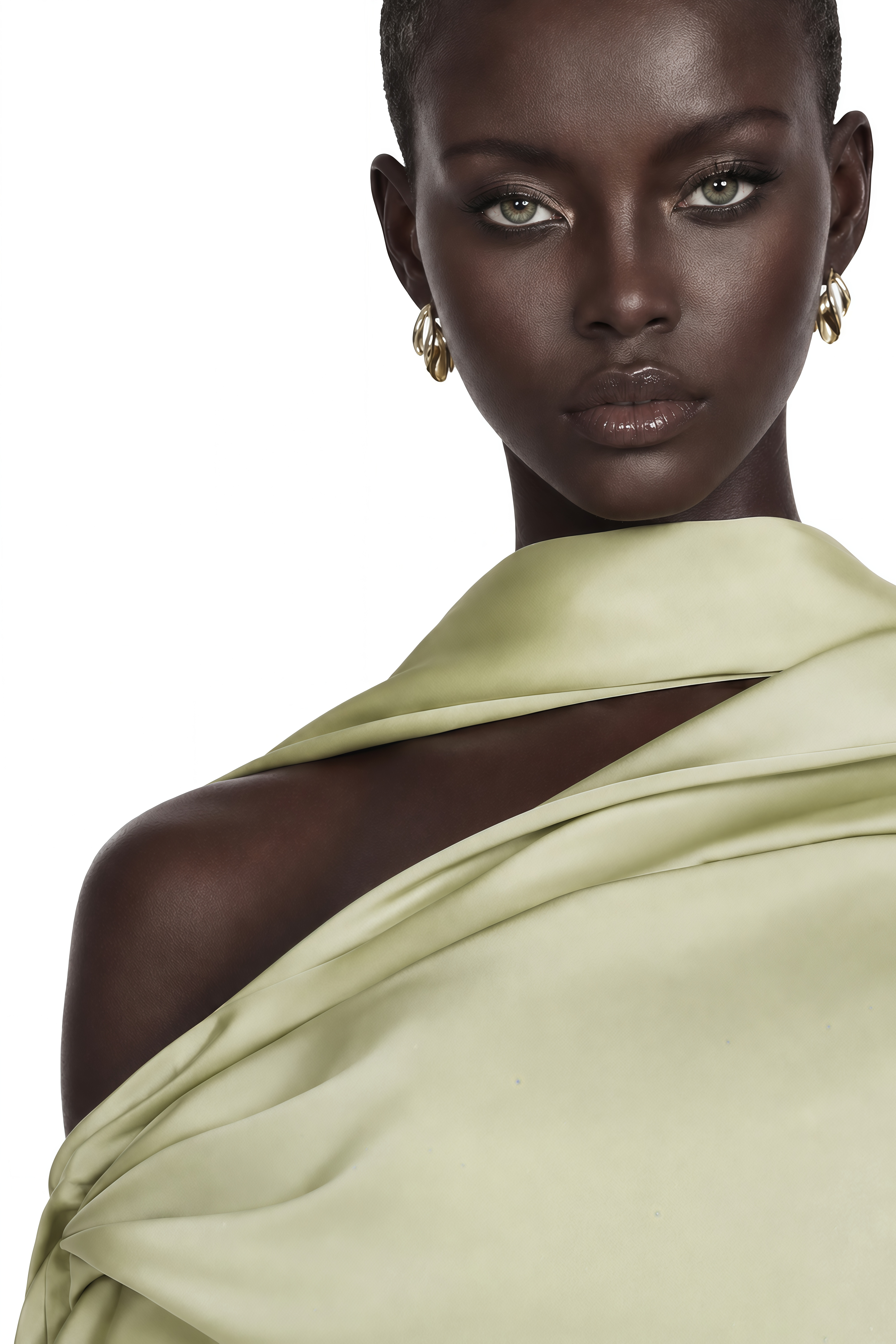 Light sage green draped satin gown with cape detail