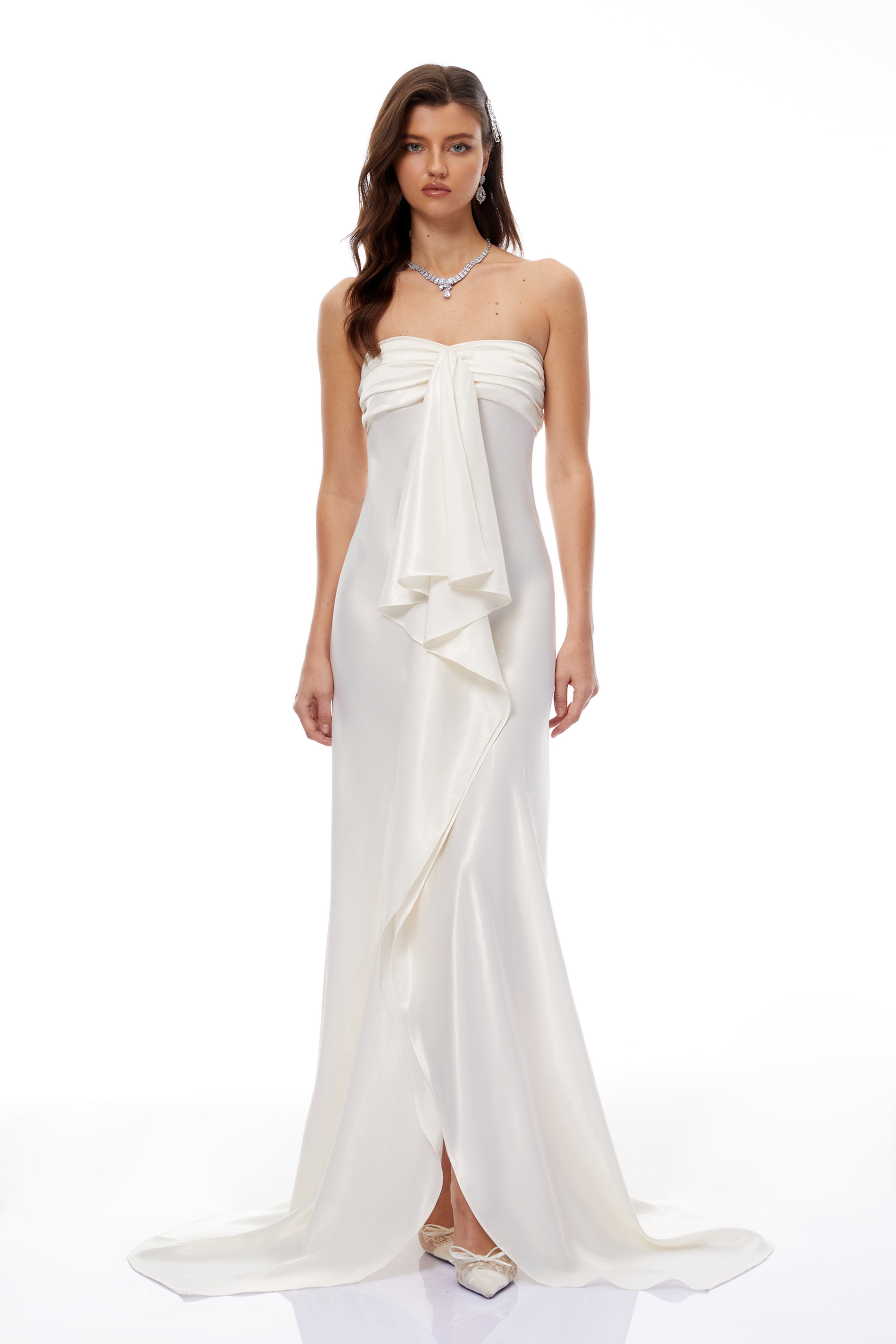 Lilla Beige Strapless Ruffled Satin Maxi Dress