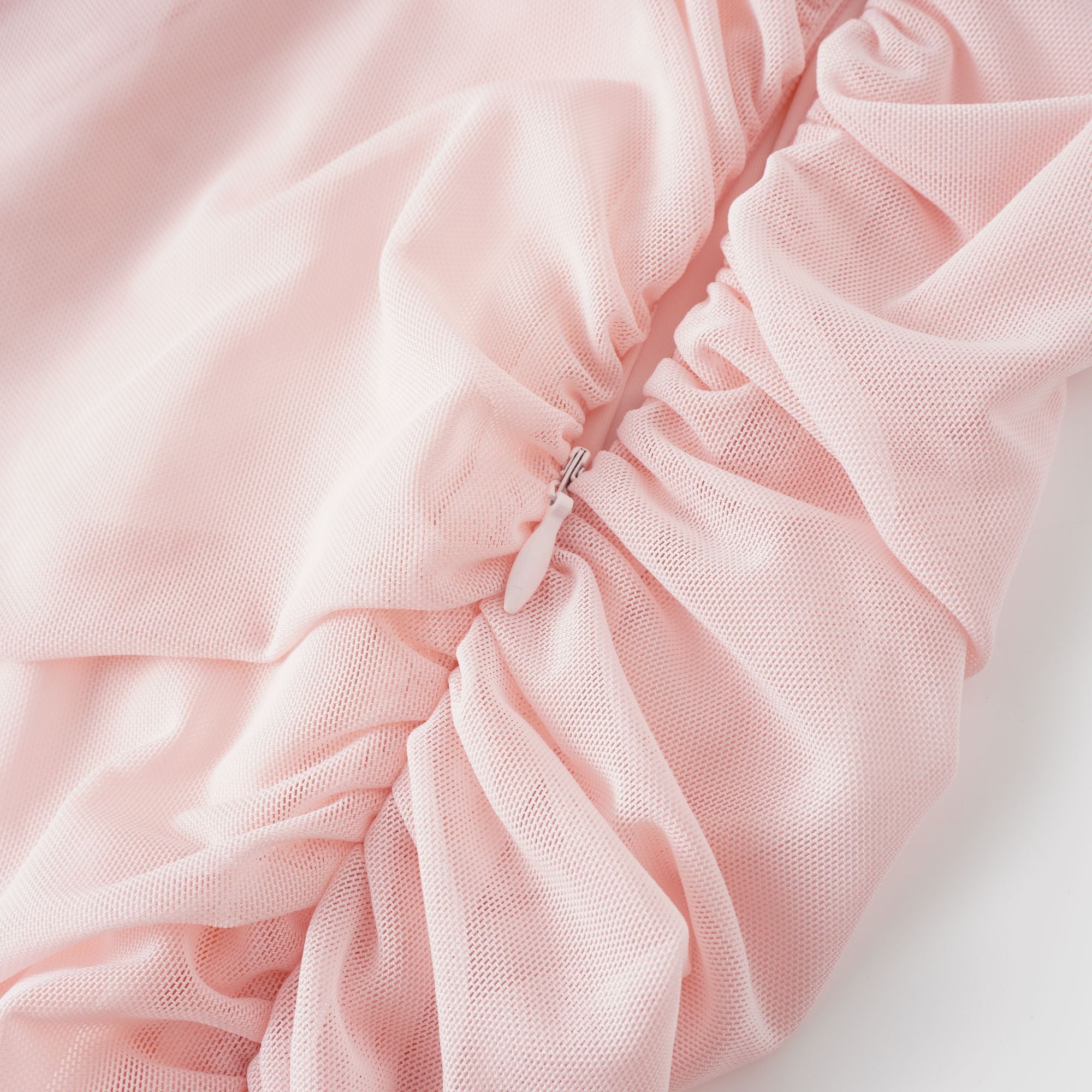 Garance Pink Asymmetrical Ruched Mesh Maxi Dress