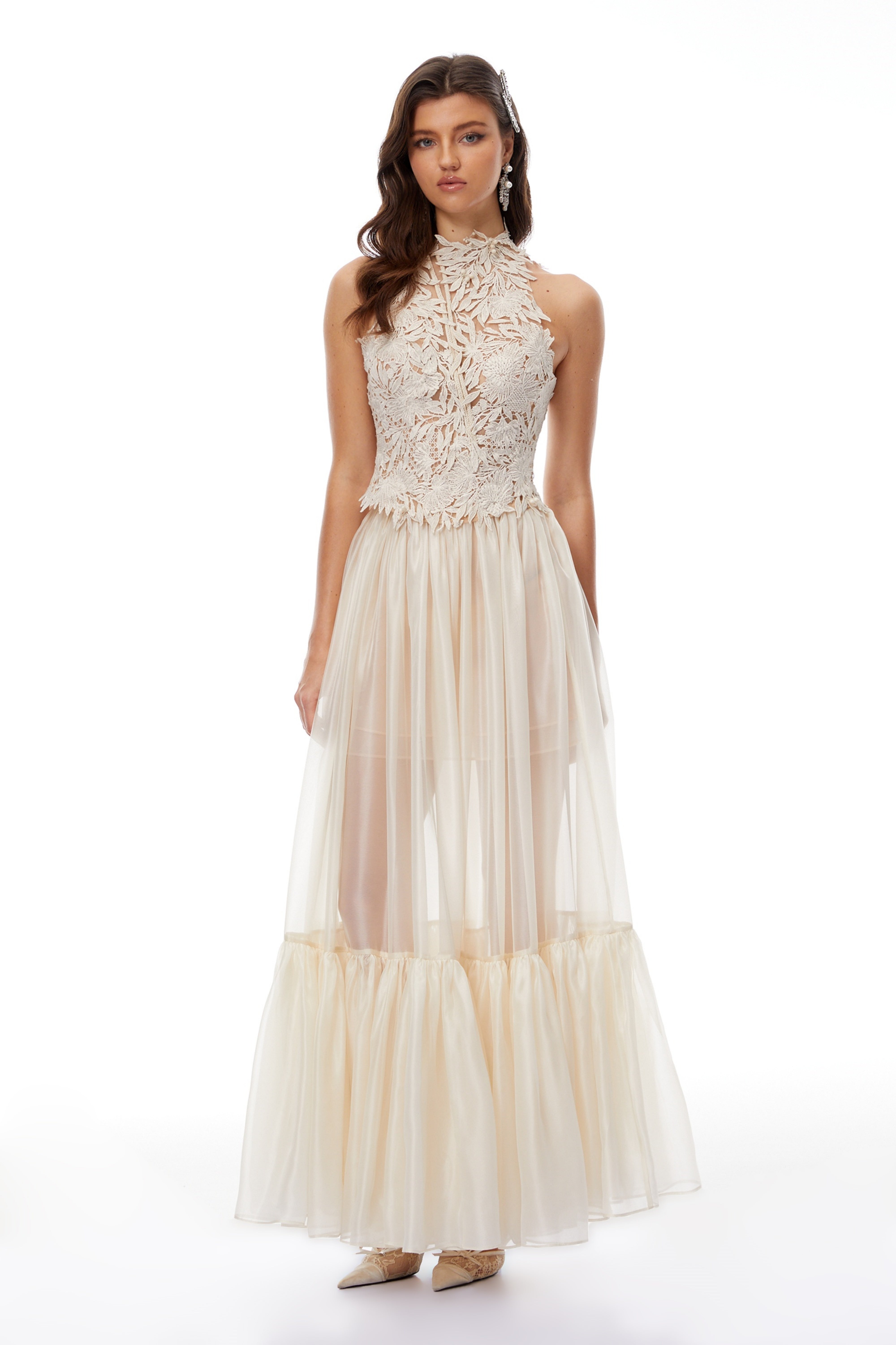 Nevaeh Cremefarbenes Set aus gehäkeltem Oberteil mit Blumenmuster und Stufenrock