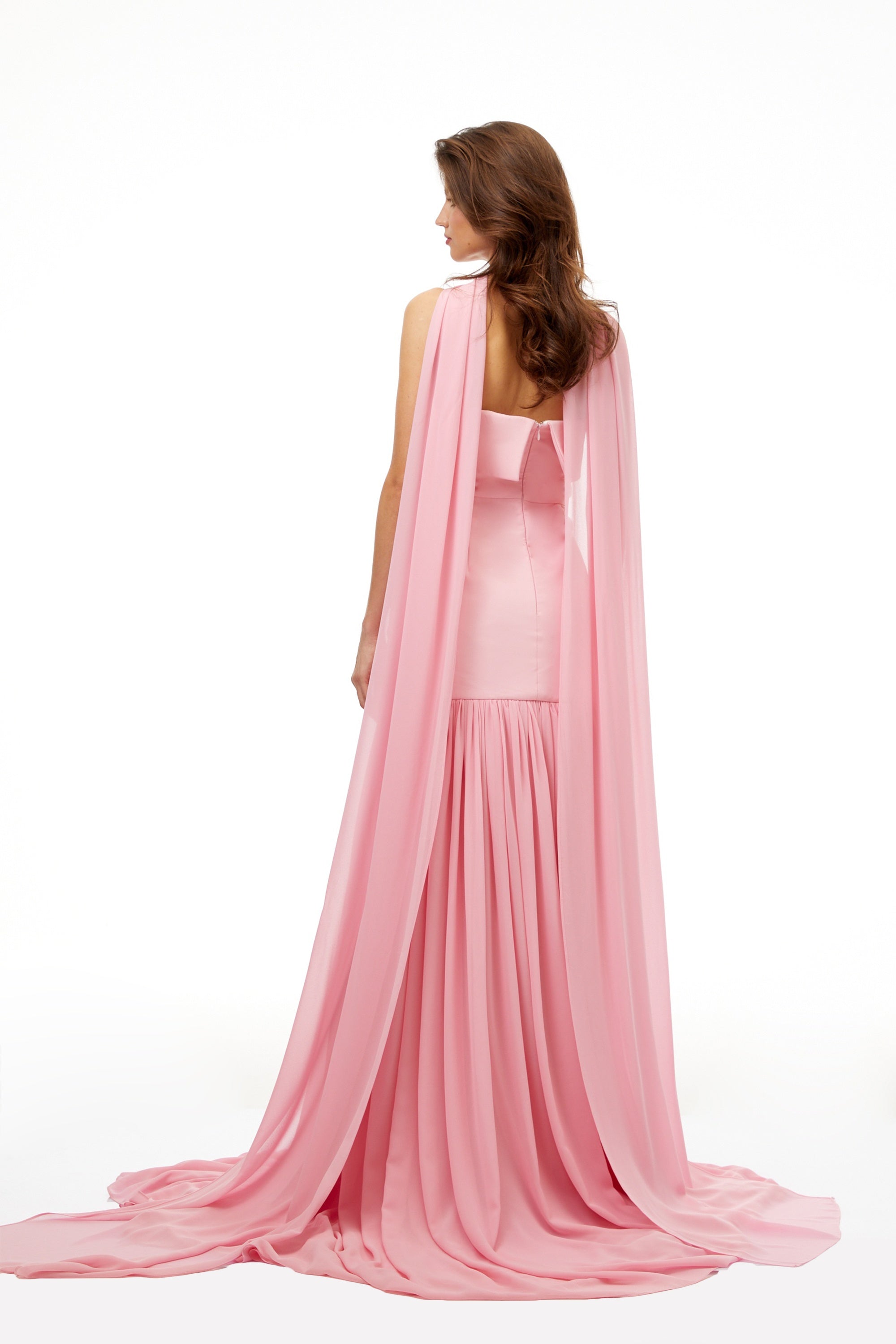 Laetitia Pink Pleated Train Ruched Maxi Dress