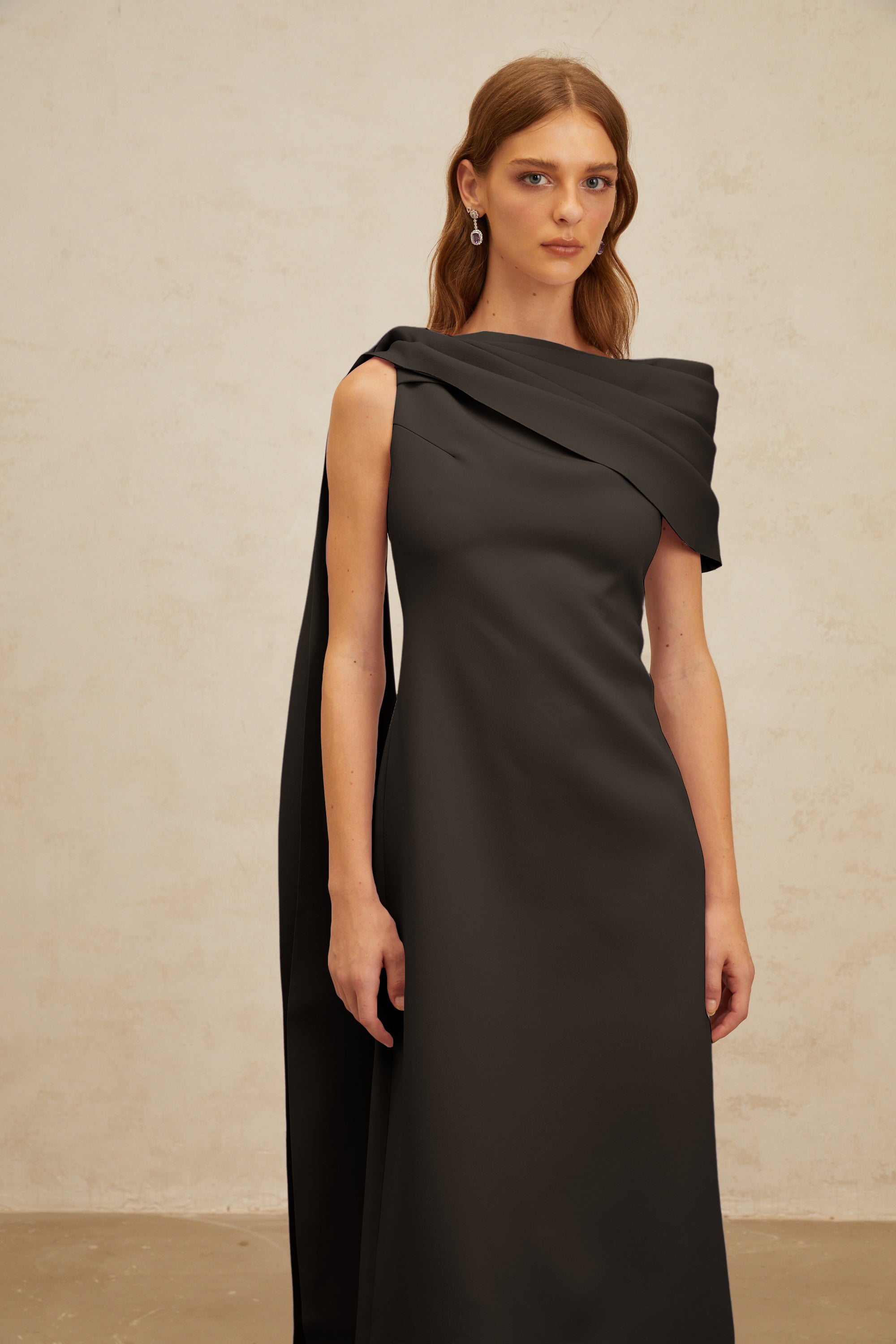 Annabelle Black Cape-Design Ribbon Maxi Dress