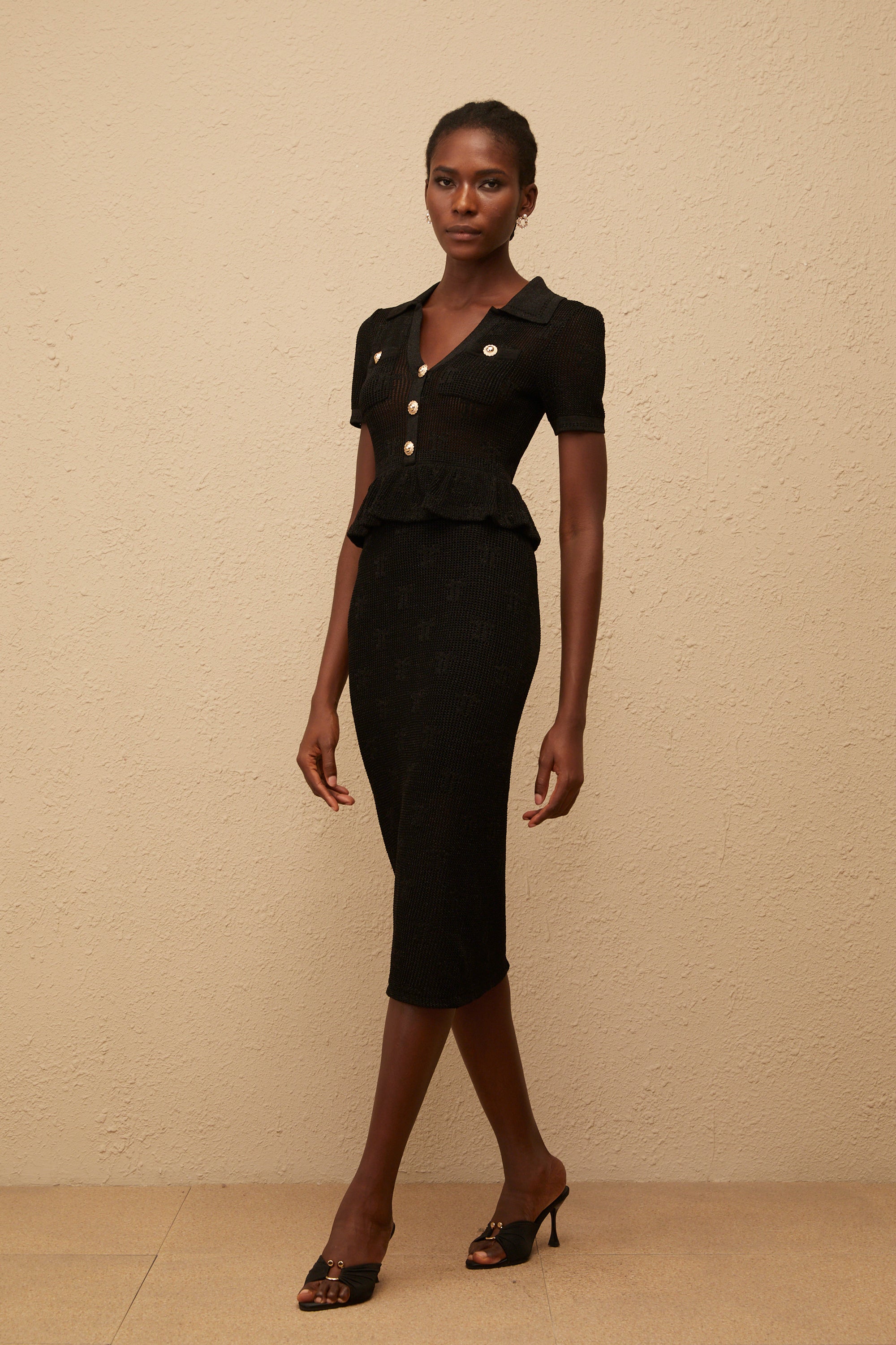 Theodora Black Crochet Knit Midi Dress