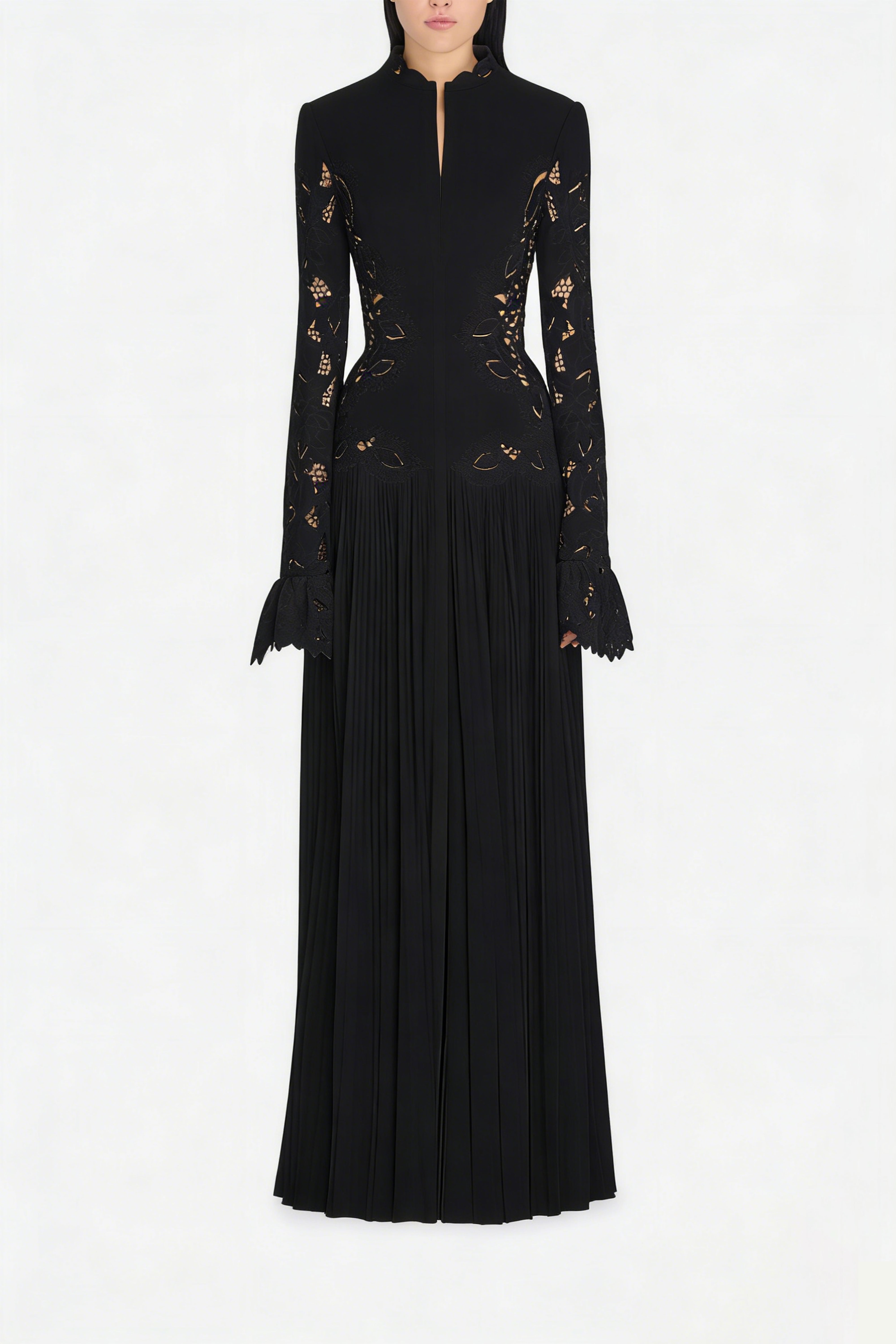 Chiara Black Lace Panel Pleated Midi Dress