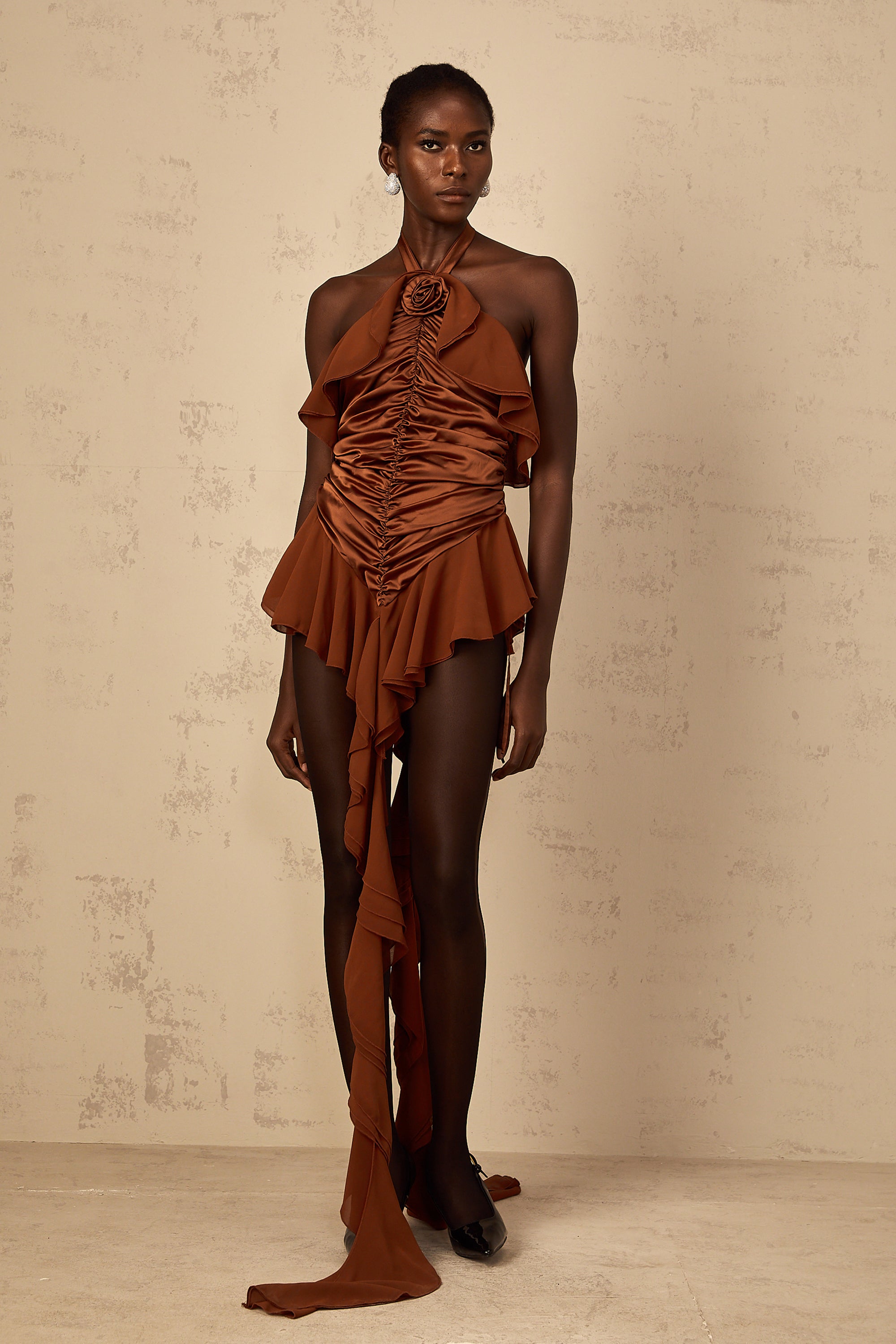 Léonie brown floral-appliqué ruched mini dress