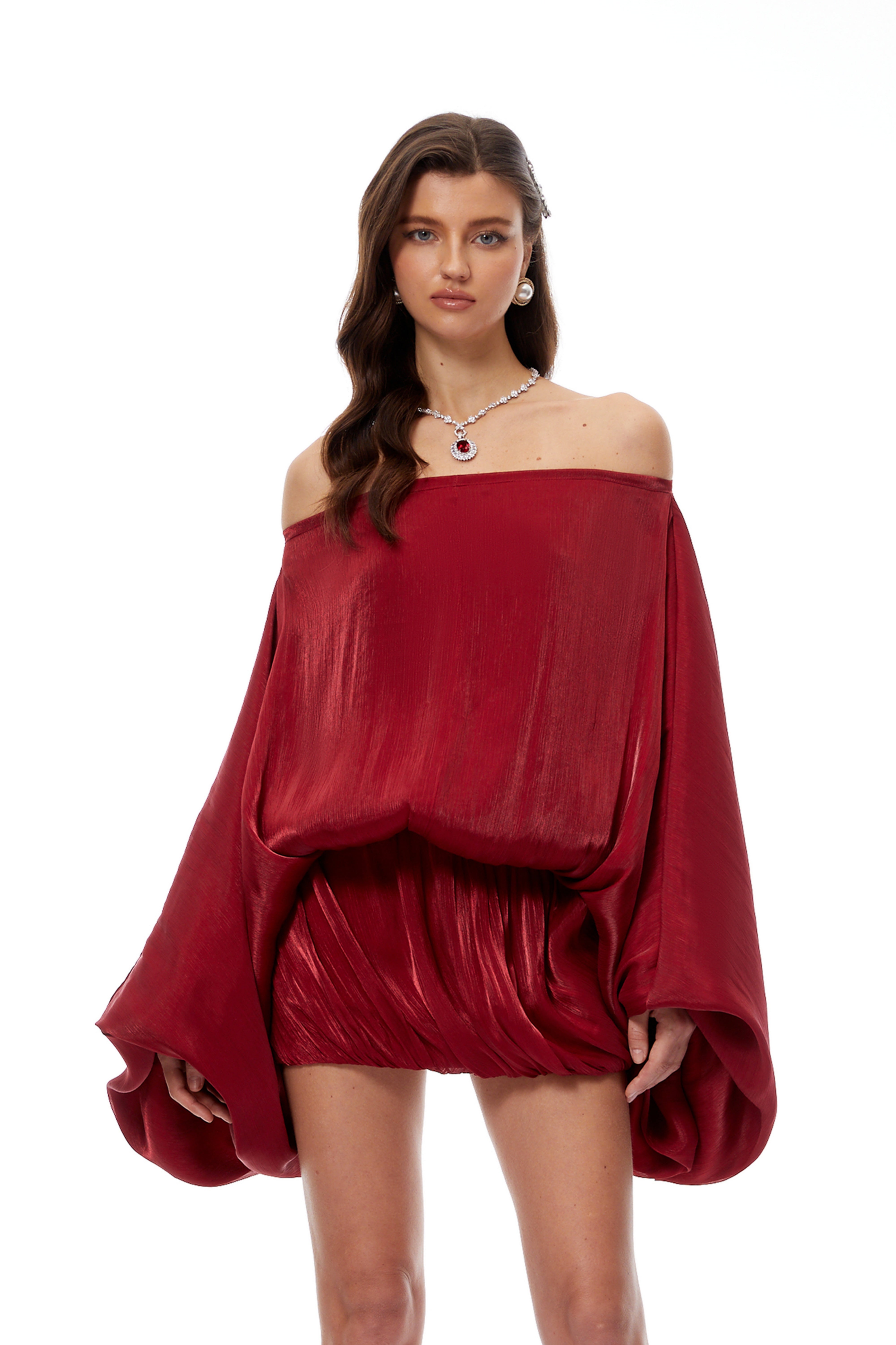 Patrizia Red Off Shoulder Glossy Mini Dress