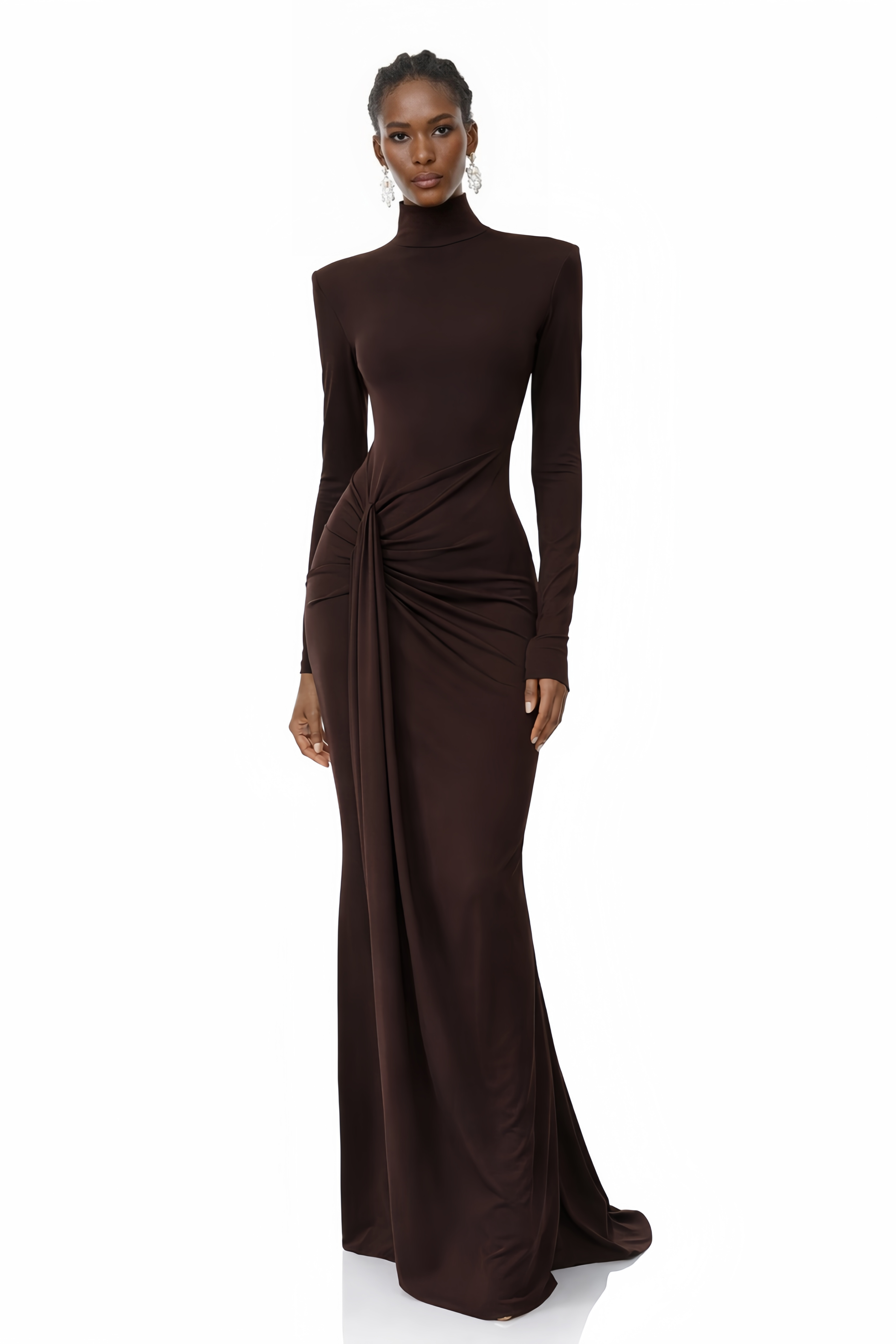 Neve Brown High Neck Twist Knot Maxi Dress