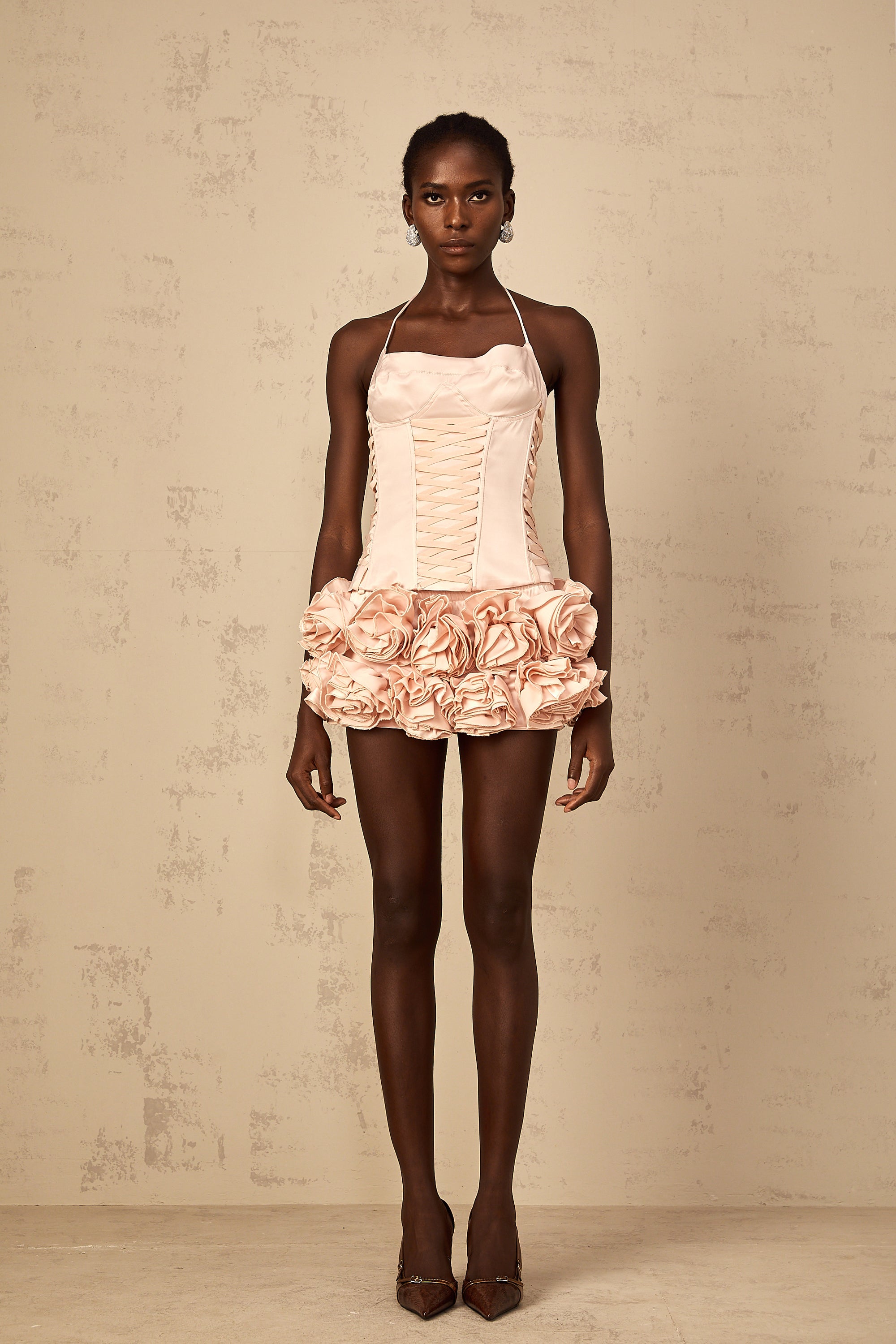 Jeanne pink faux-flower lace-up top & skirt matching set