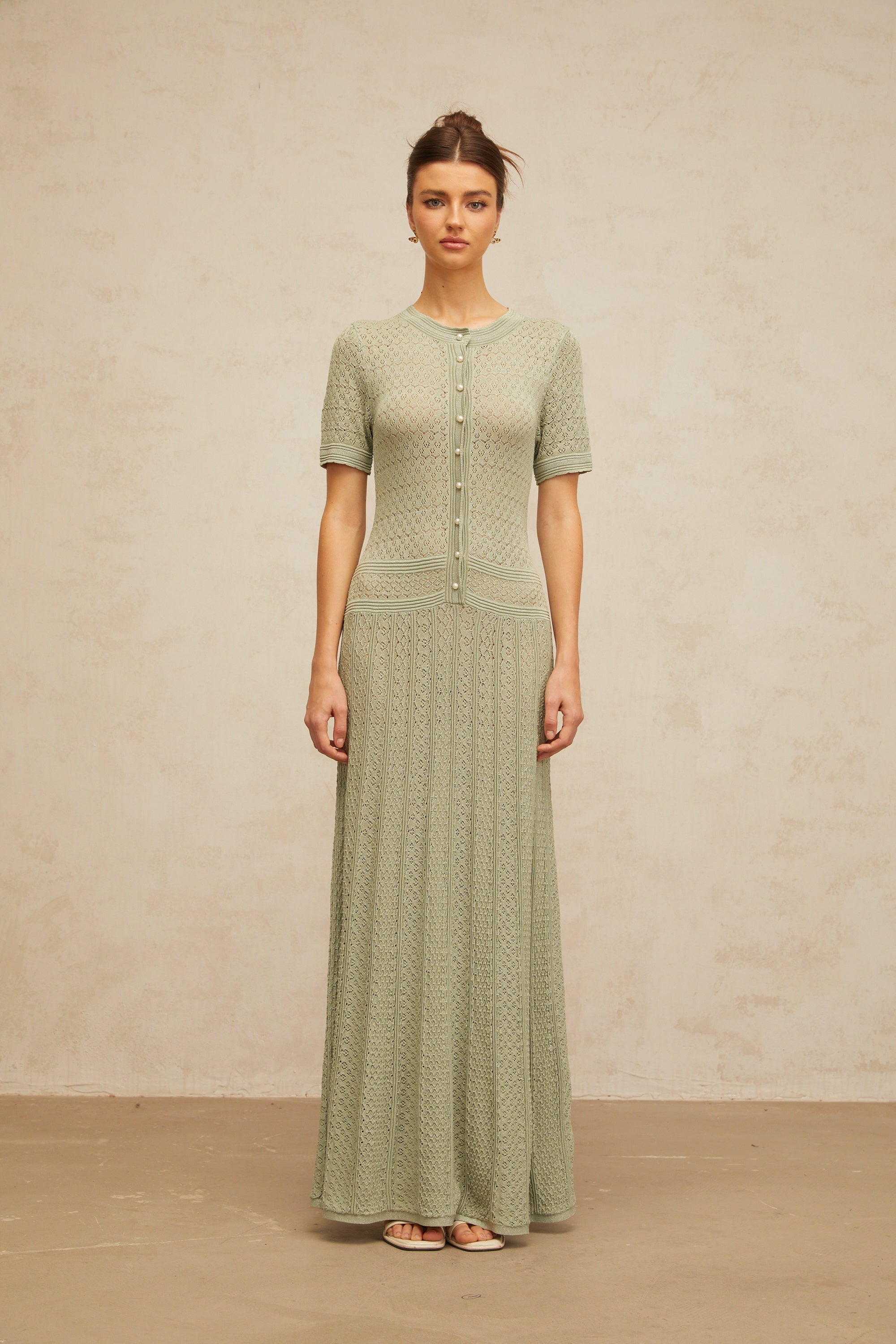 Siena green shirred crochet-knit maxi dress