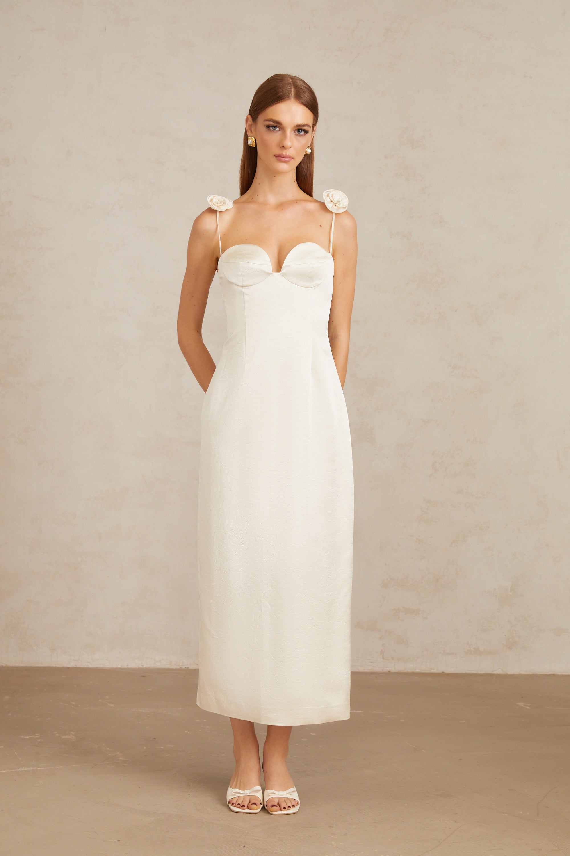 Ida White Floral Satin Midi Dress