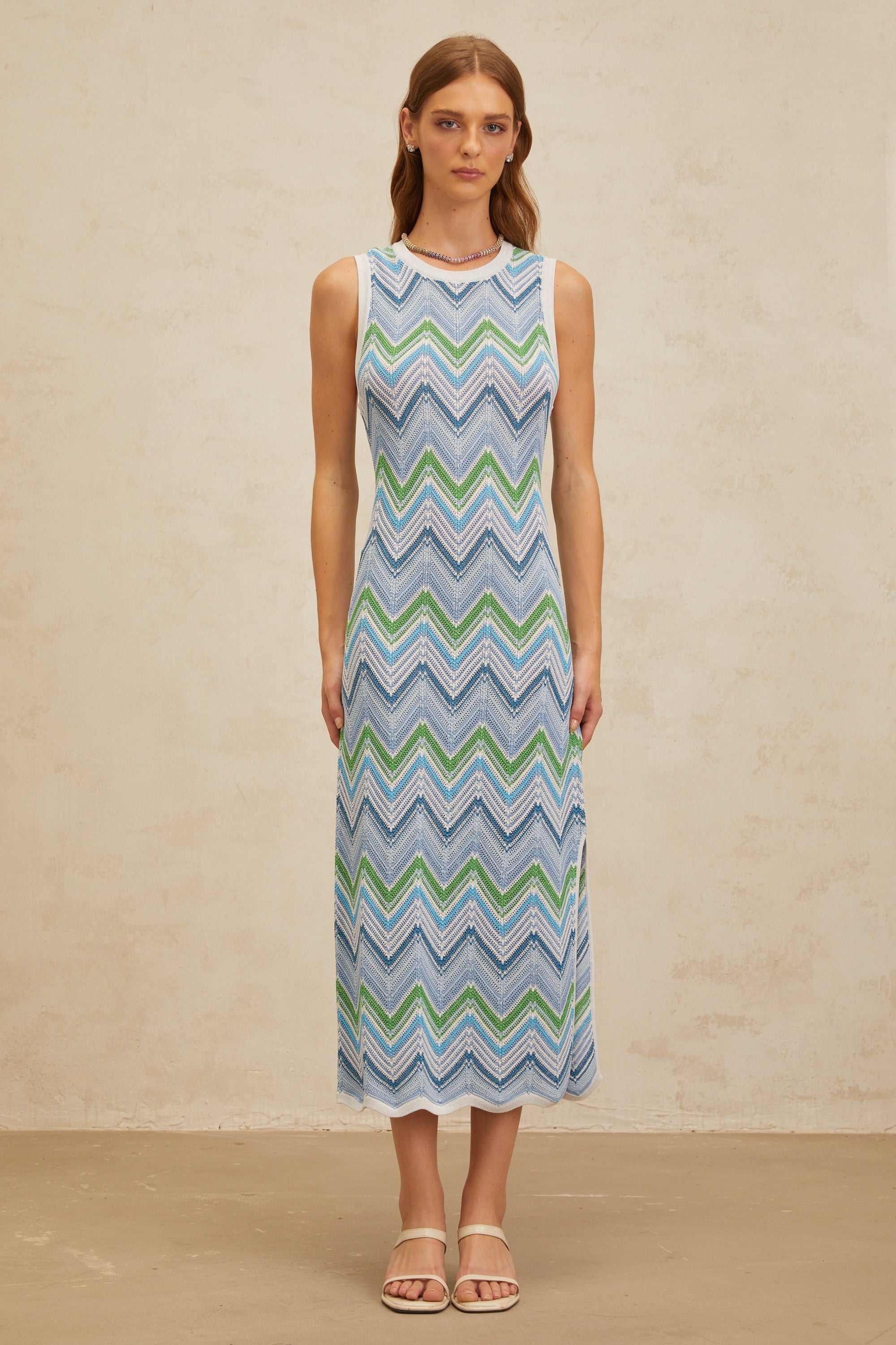 Solène Blue Chevron Knit Midi Dress