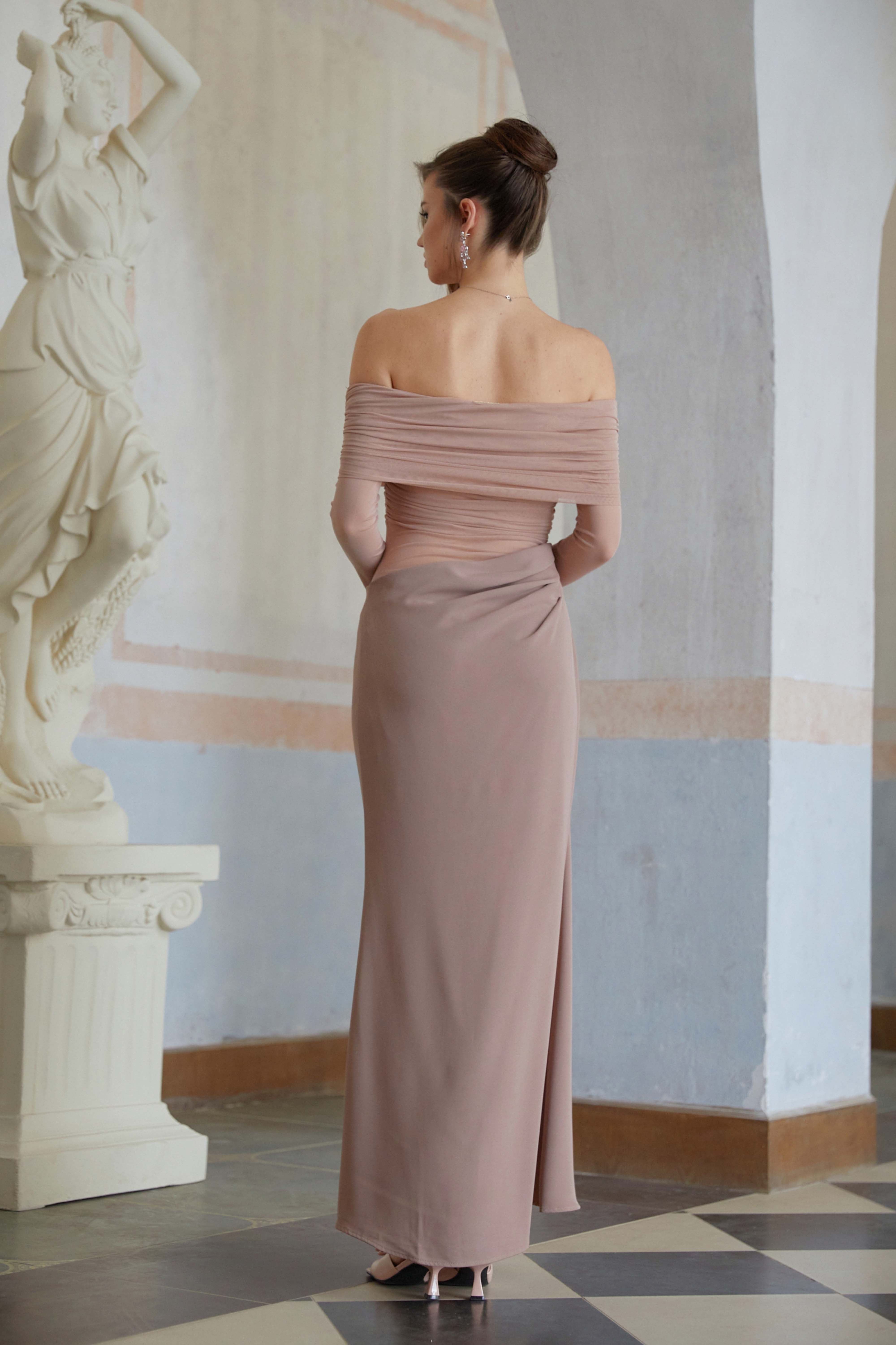 Estelle Pink Mesh Panel Ruched Maxi Dress